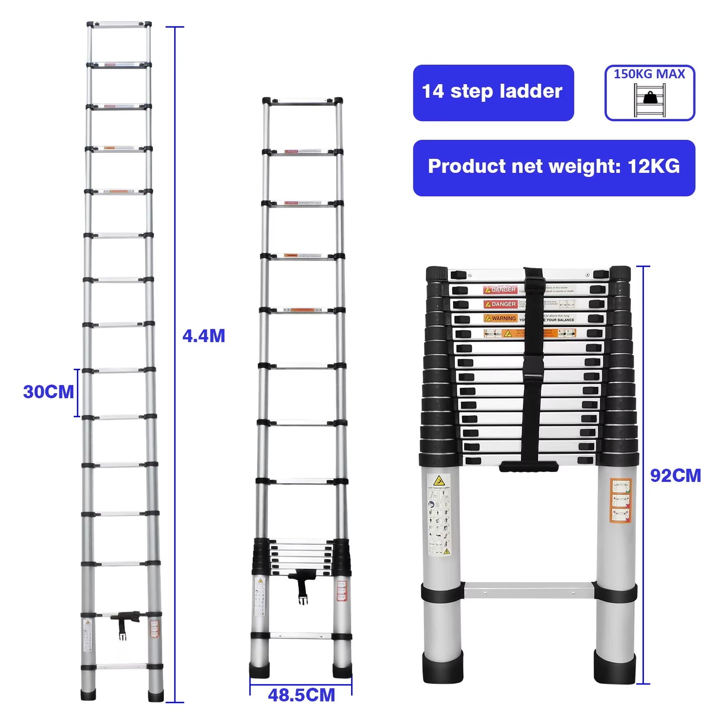 Multi-Size Aluminium Telescopic Ladder with Non-Slip Feet,Adjustable Lightweight Ladder for Home or Caravan, 330Lb Load Capacity