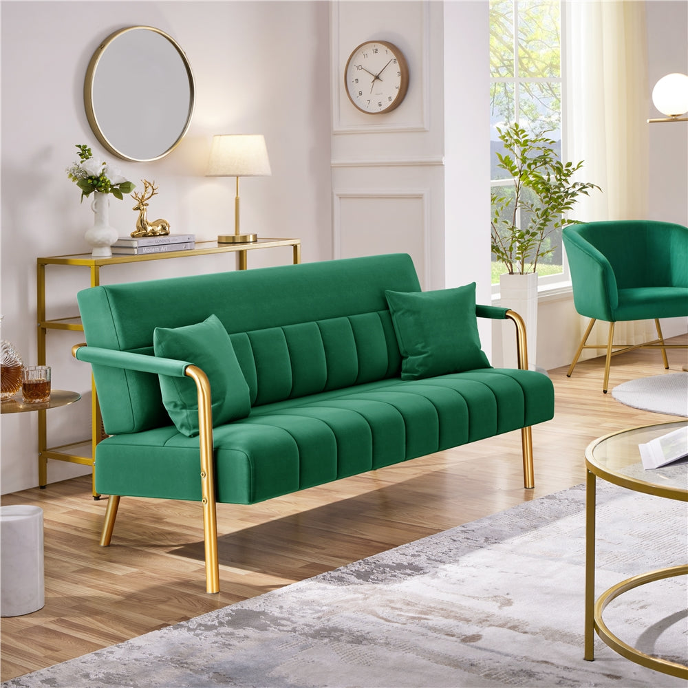 Sofa Couch Modern Velvet 143cm Loveseat with Gold-tone Metal Arms & Legs, Upholstered Design, Includes 2 Pillows