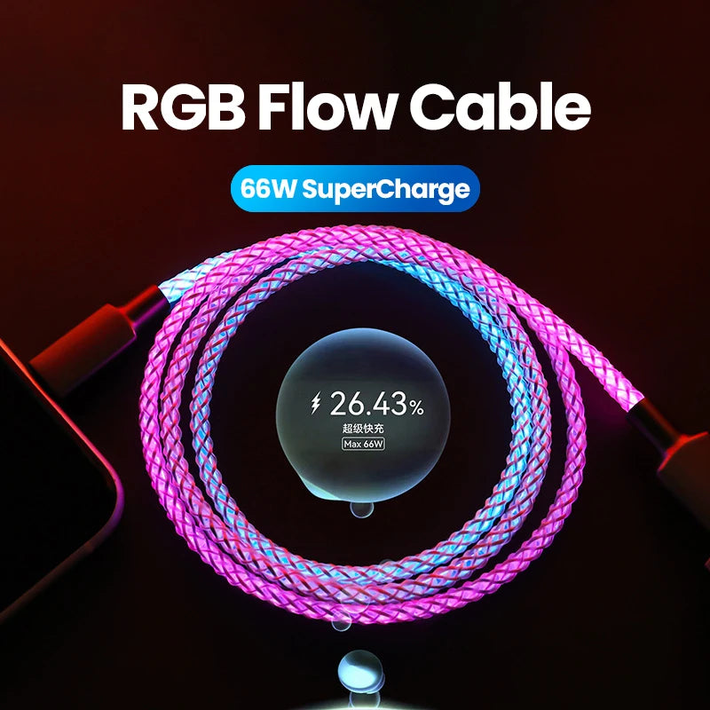 Fast Charging RGB Cable 100W Breathing Light 66W Type C USB C Data Cable f