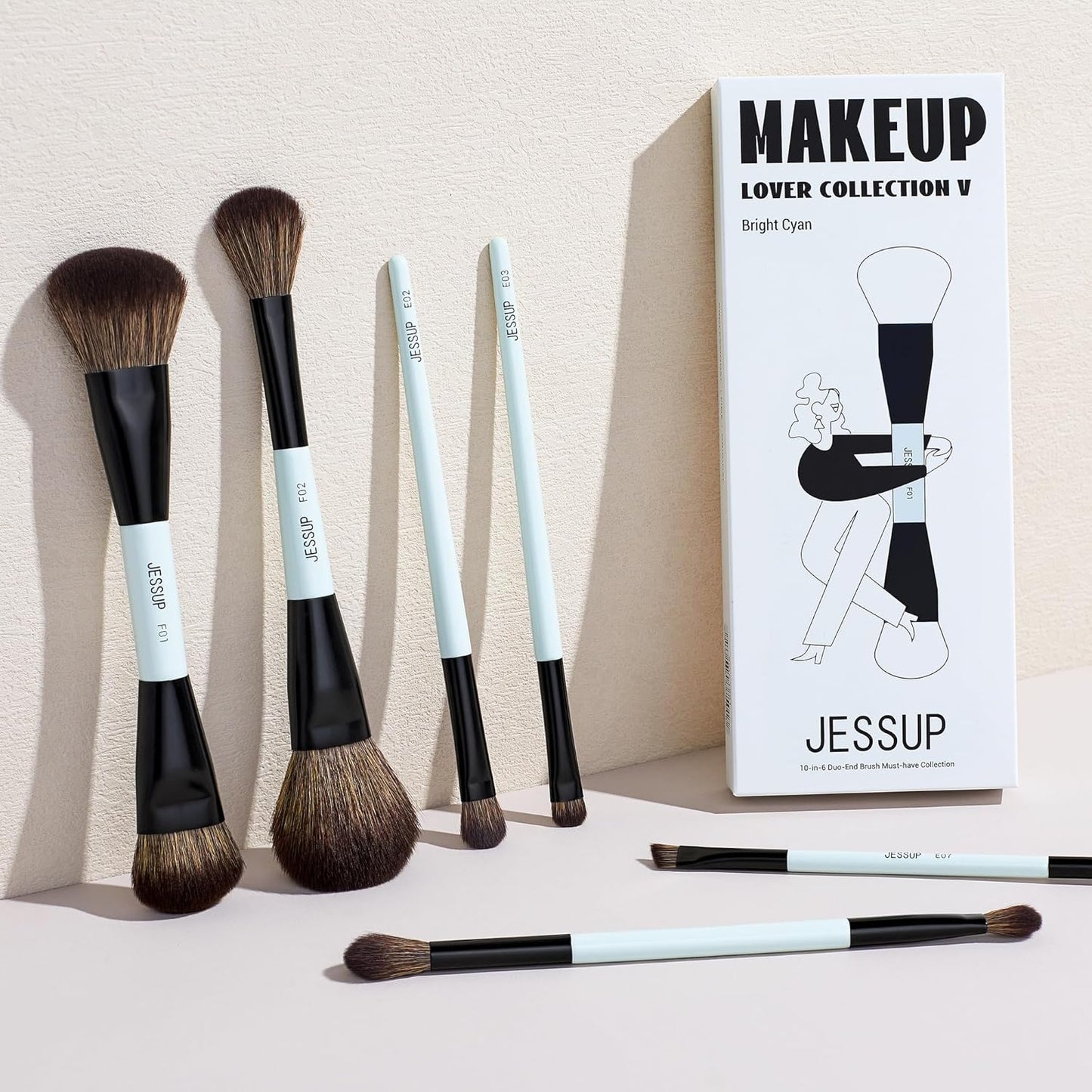 Vibrant Cyan 6-Piece Double-Sided Vegan Makeup Brush Set for Flawless Foundation, Contour, Blush, Highlight, and Eyeshadow Application
