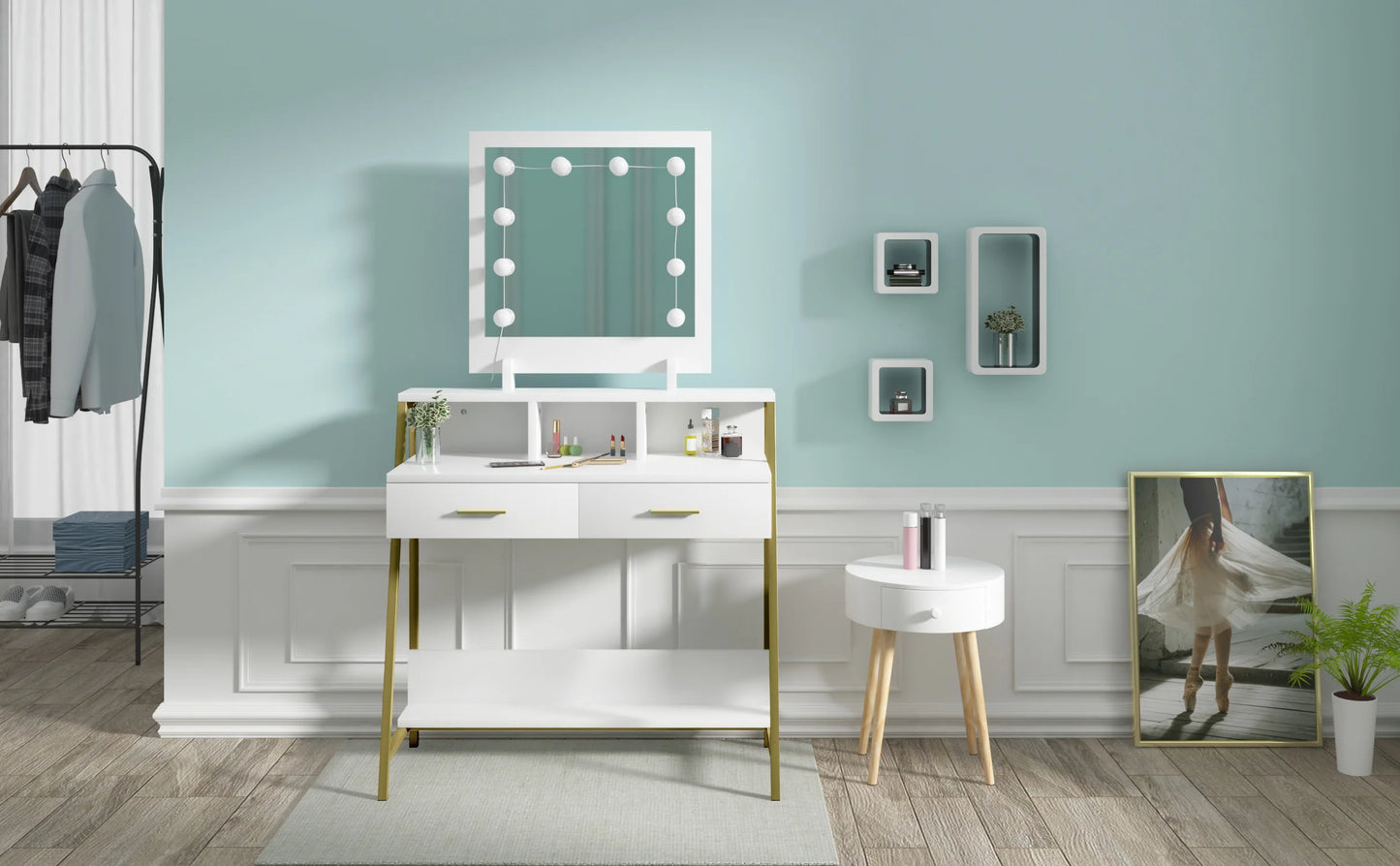 White Vanity Dressing Table with LED Makeup Mirror 2 Drawers for Bedroom