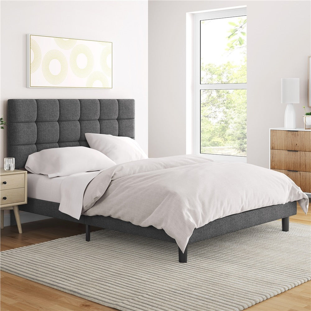 Upholstered Bed Frame, Modern Platform Bed Frame with Strong Wooden Slats Support and Square Tufted Headboard Height Adjustable
