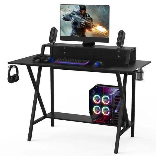 Ergonomic Gaming Computer Desk with Cup Holder and Monitor Riser