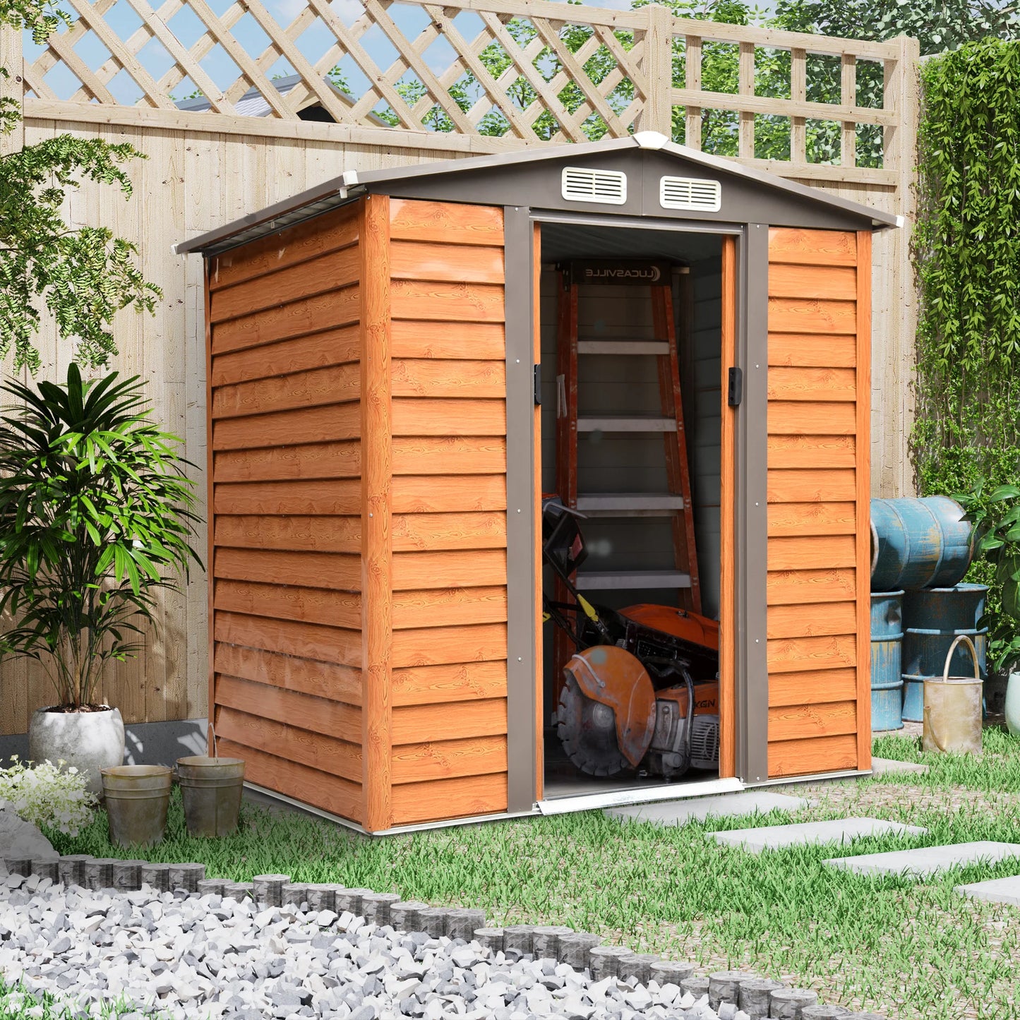 Garden Shed Tool Storage with Sliding Door Brown Wood Grain