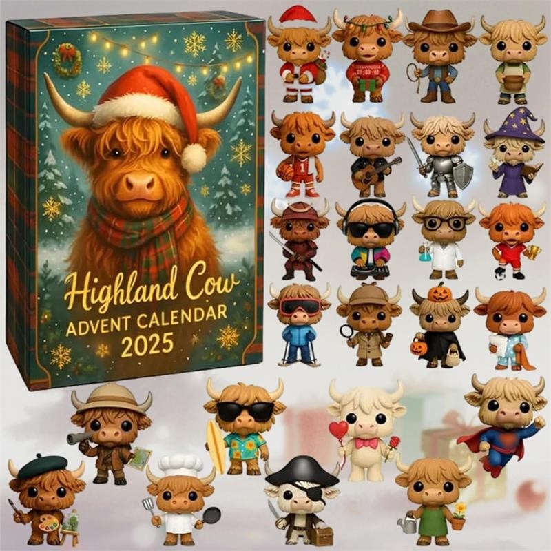 3D Stereoscopic Highland Cow Advent Calendar 2025, 24-Day Surprise Christmas Advent Countdown