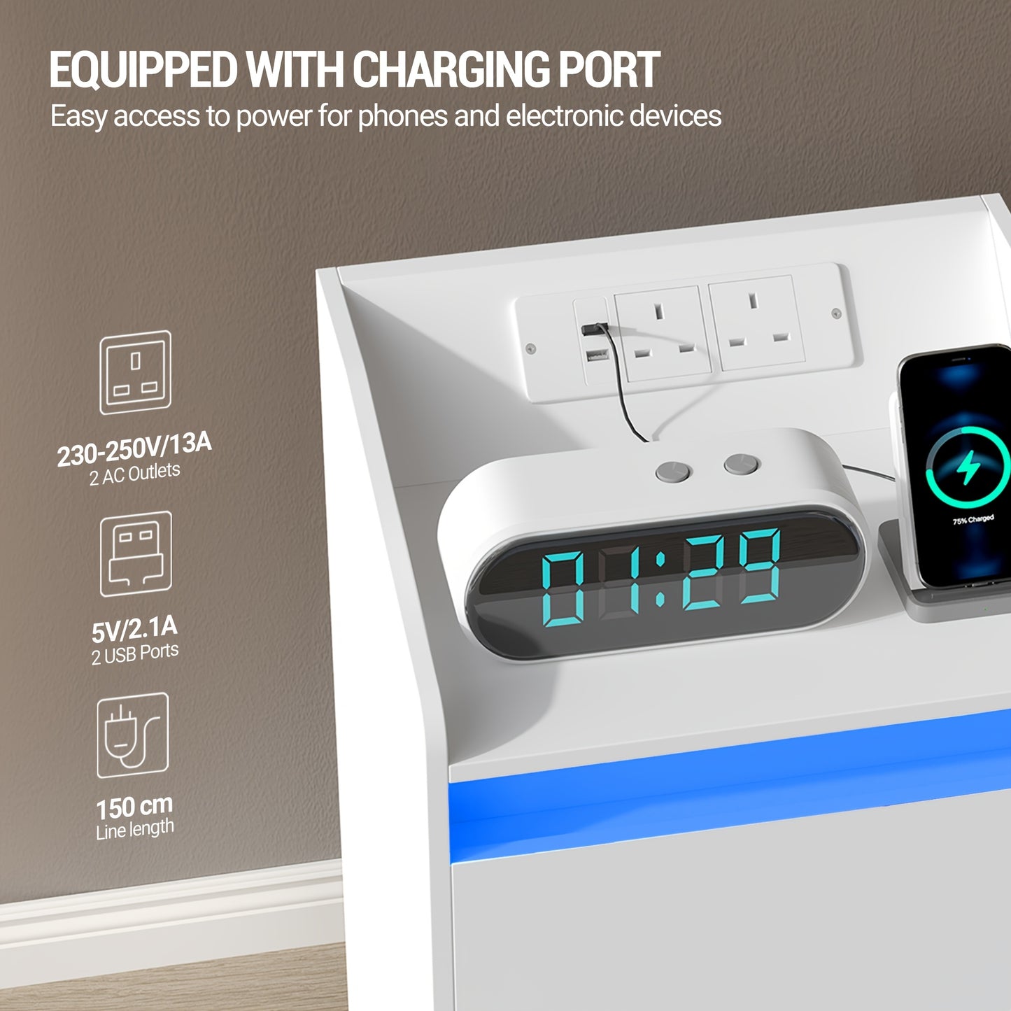 Bedside Table with LED Light - Side Table with Charging Station, 1 Storage Drawer Bedside Table