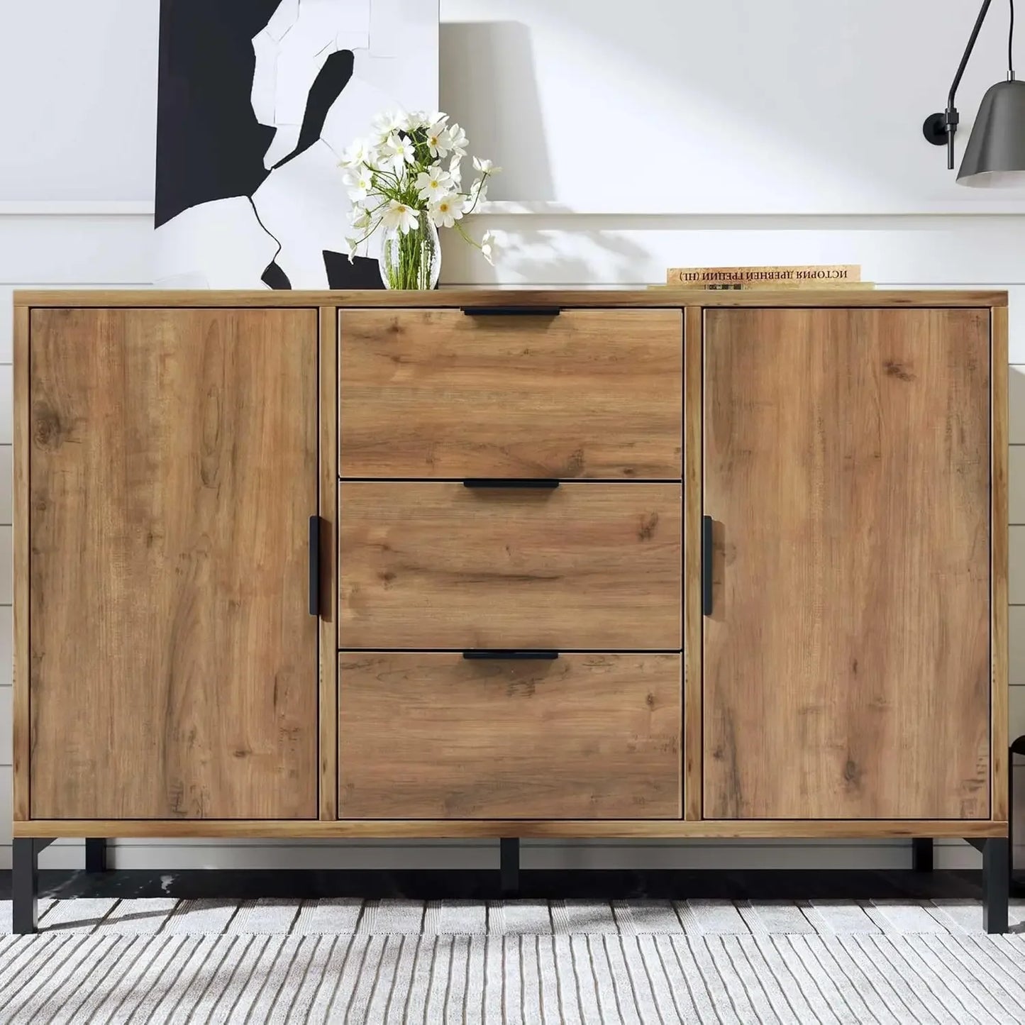 Sideboard Cabinet for Living Room Chest of Drawers with 2 Doors and 3 Drawers Adjustable Shel 40D X 120W X 76H Centimetres
