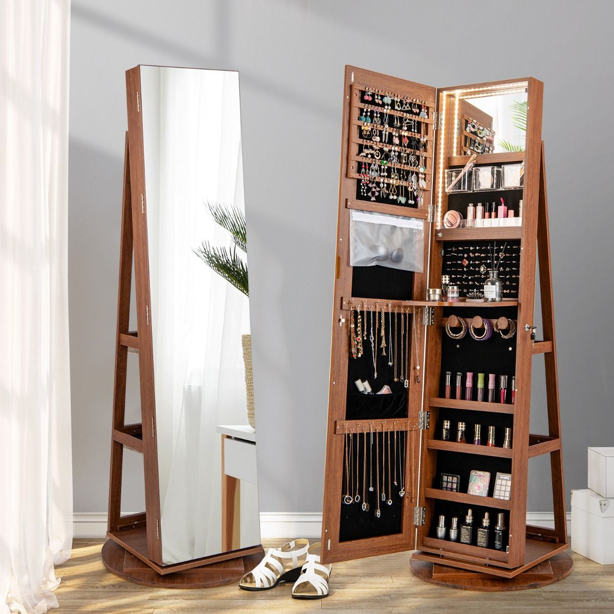 360-Degree Mirrored Jewelry Armoire with 3-Color Auto-On LED Lights
