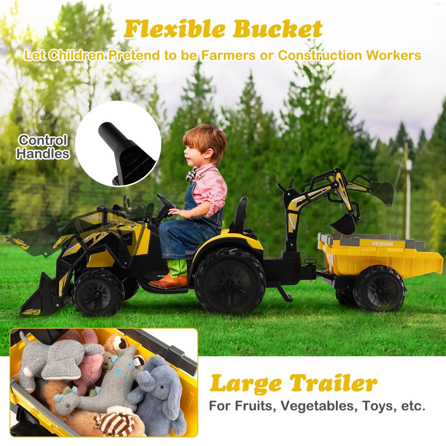3 in 1 Ride on Tractor and Trailer with Shovel Bucket