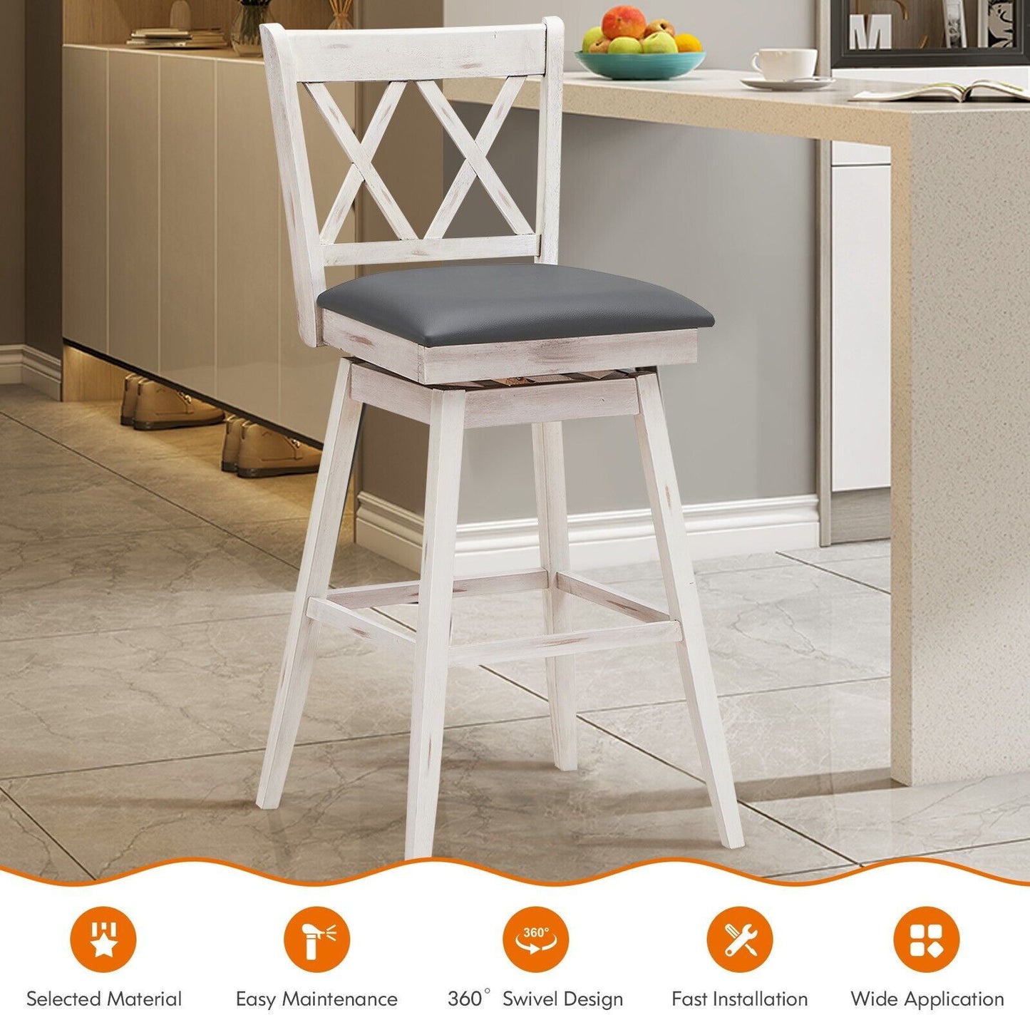 Set of 2 Counter Height Bar Stool with Foot Rest Upholstered Cushion