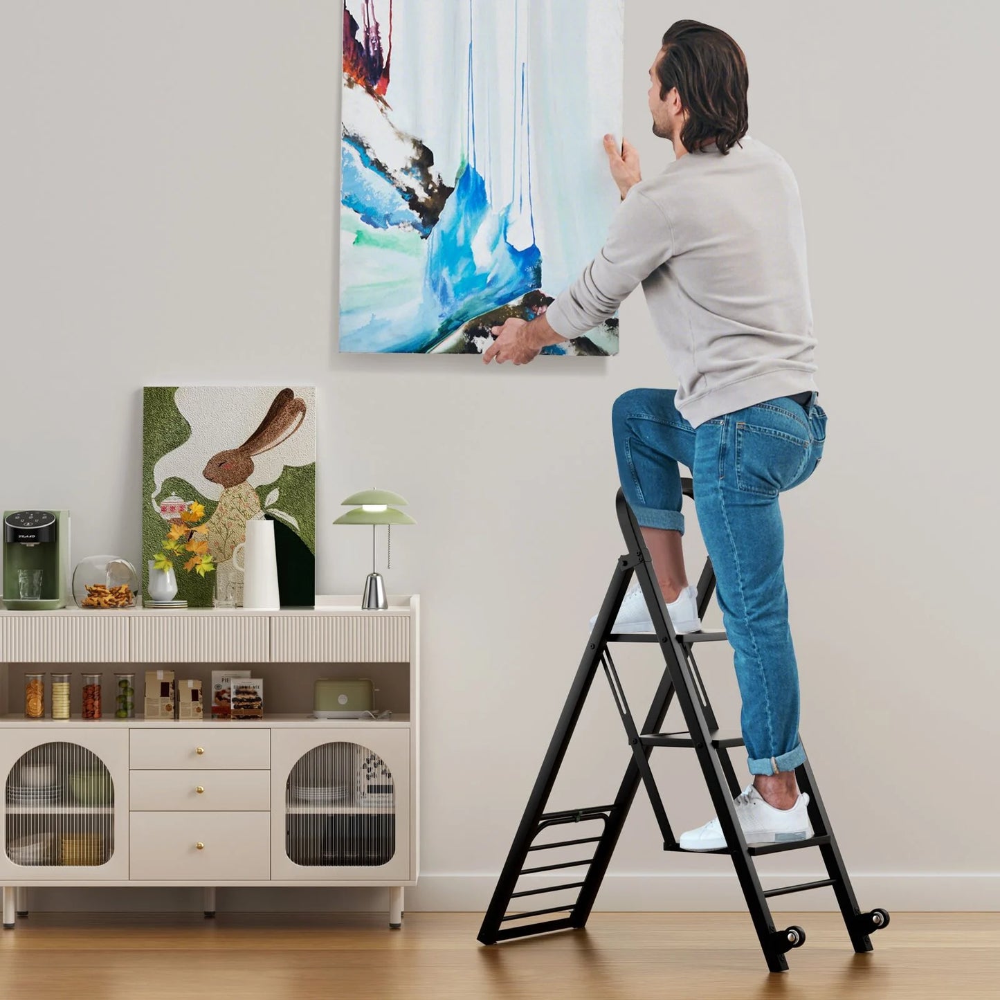 2-In-1 Hand Truck and Ladder Foldable 3-Step Ladder with Non-Slip Wide Pedals