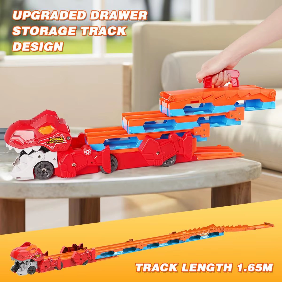 Dinosaur 3-in-1 Transport Truck with 8 Race Cars - Ejection Folding Portable Track Toy with Sound for Kids Age 3+