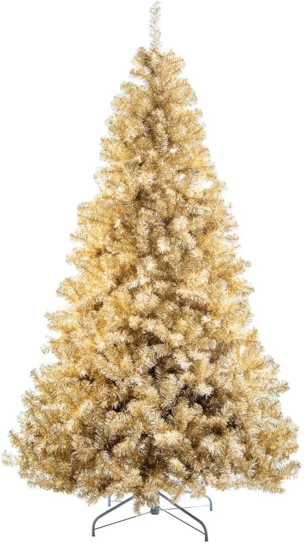 4Ft-8Ft Artificial Christmas Tree Champagne Gold Shiny Tinsel Tips Luxurious Hinged Branches Xmas Holiday Home Decorations