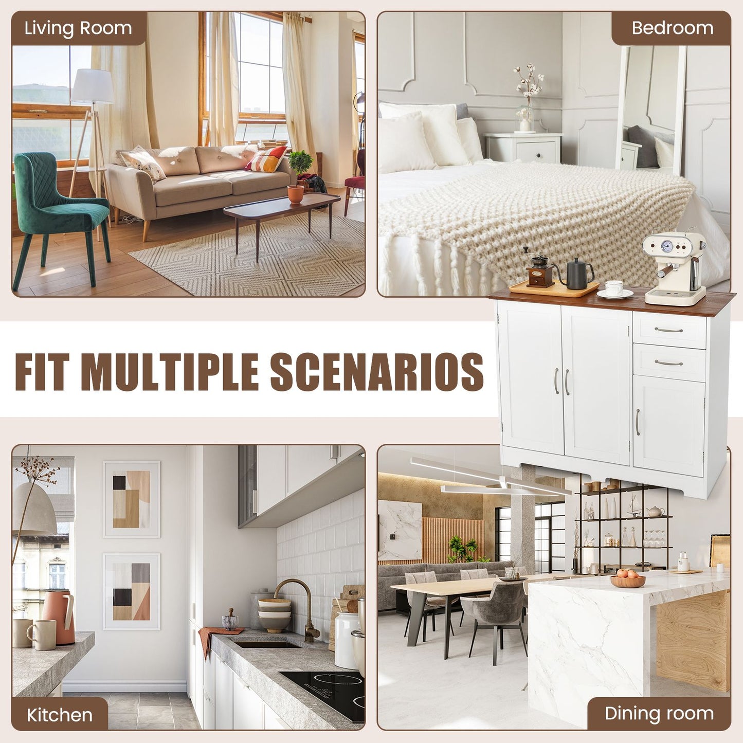 Modern Kitchen Storage Sideboard Cabinet with Adjustable Shelf and Drawers