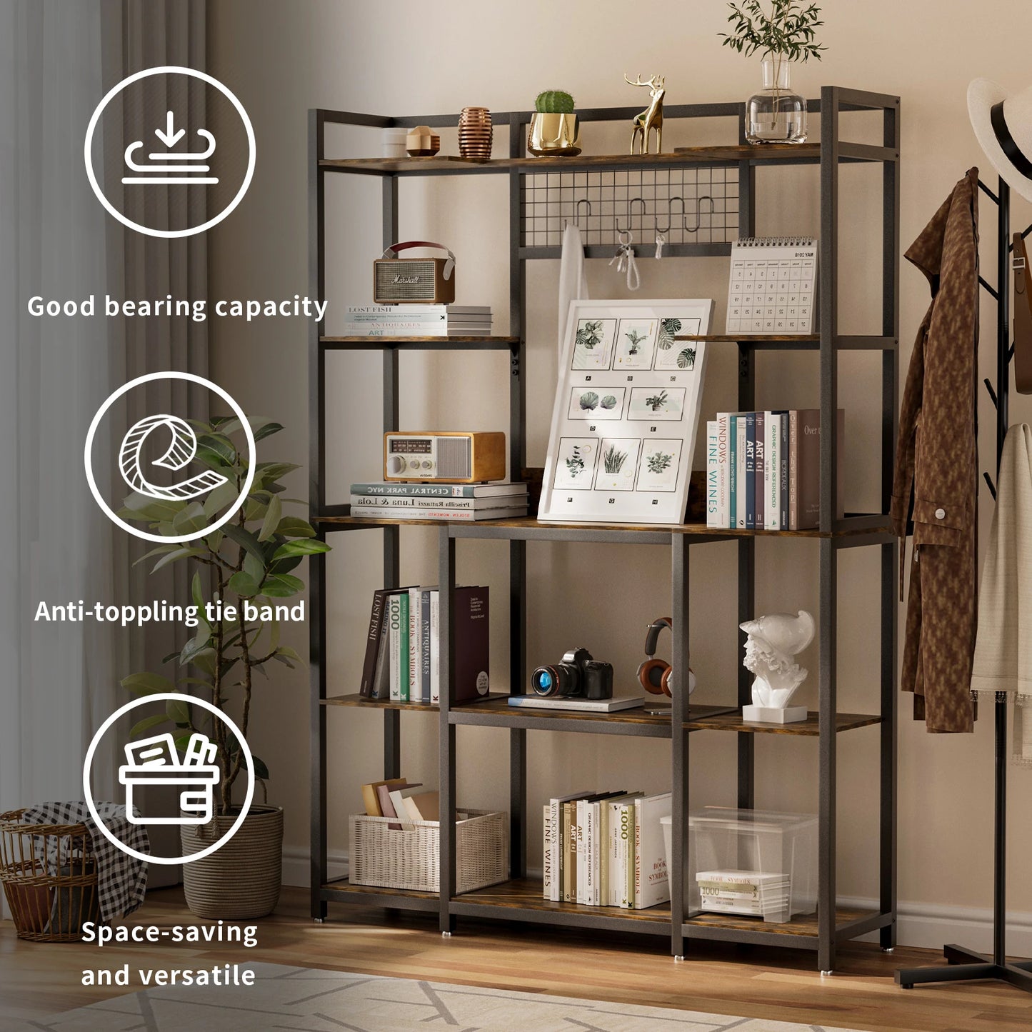 Stylish 5-Tier Industrial Baker's Rack - Perfect Kitchen Storage for Spices, Pots, and Pans with Hooks and Shelves
