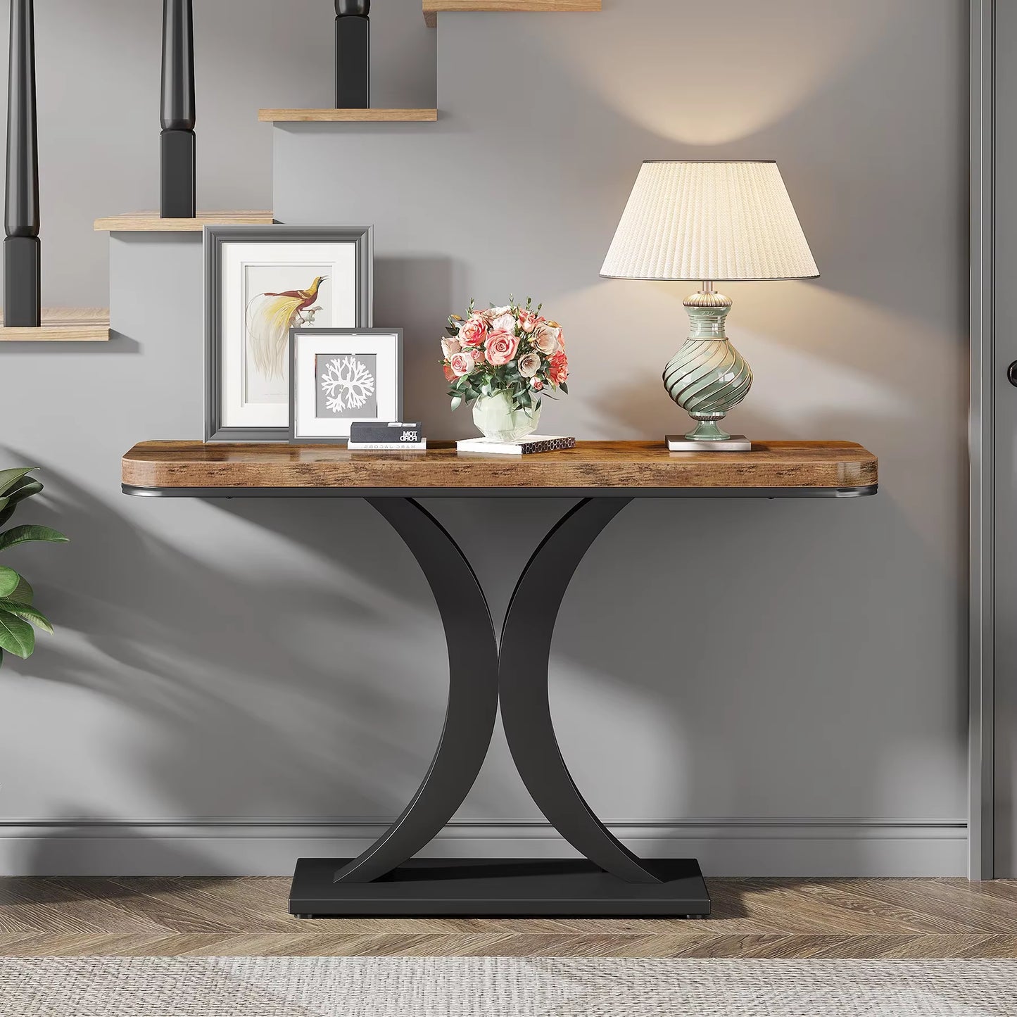 Industrial Console Table, 40 Inch Narrow Entryway Foyer Table with Geometric Base, Rustic Hallway Accent Table