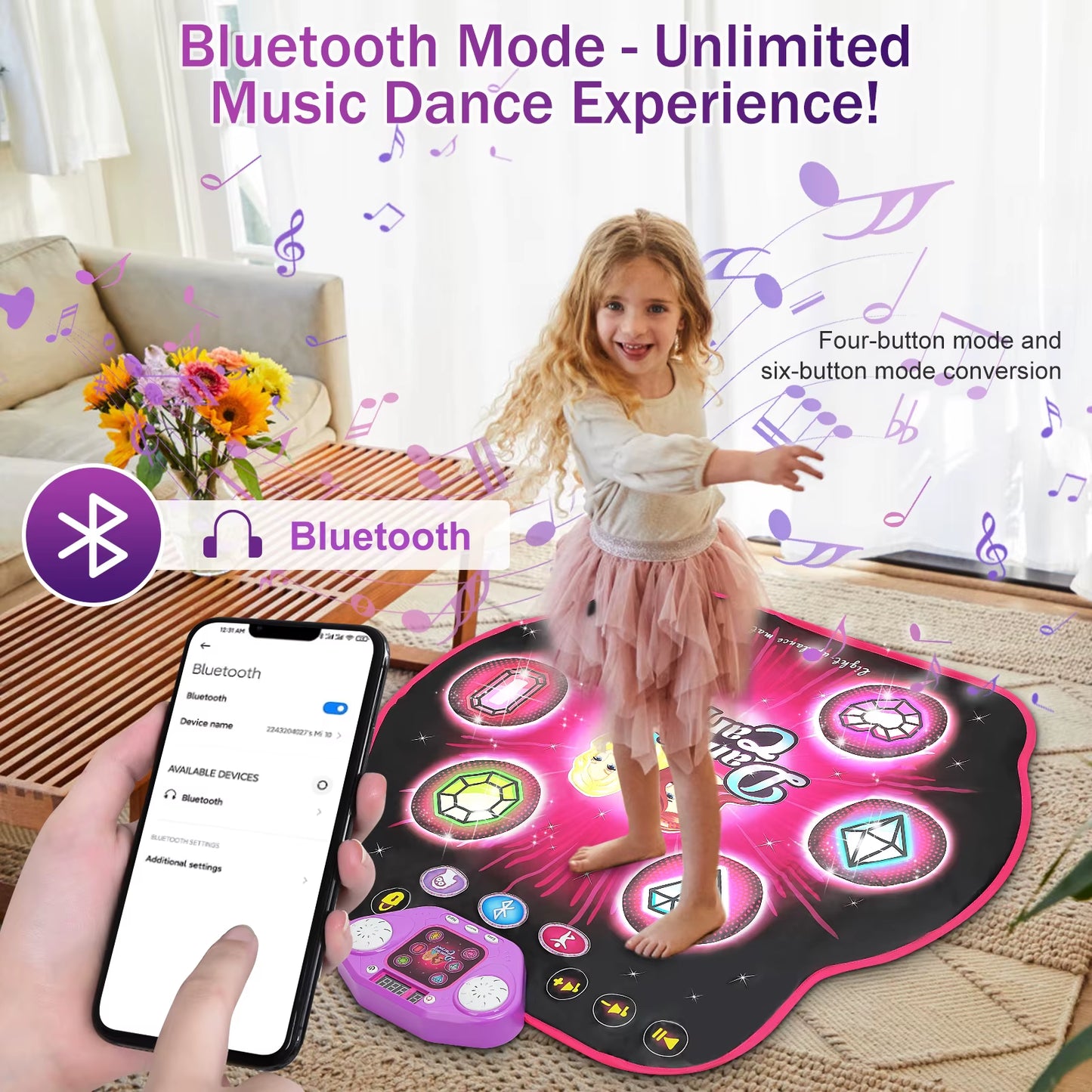 27 Levels Dance Mat for Girls Kids 6 LED Keys Light up Bluetooth Lock 5 Music Dancing Game Toy Ages 3~8 Years Old
