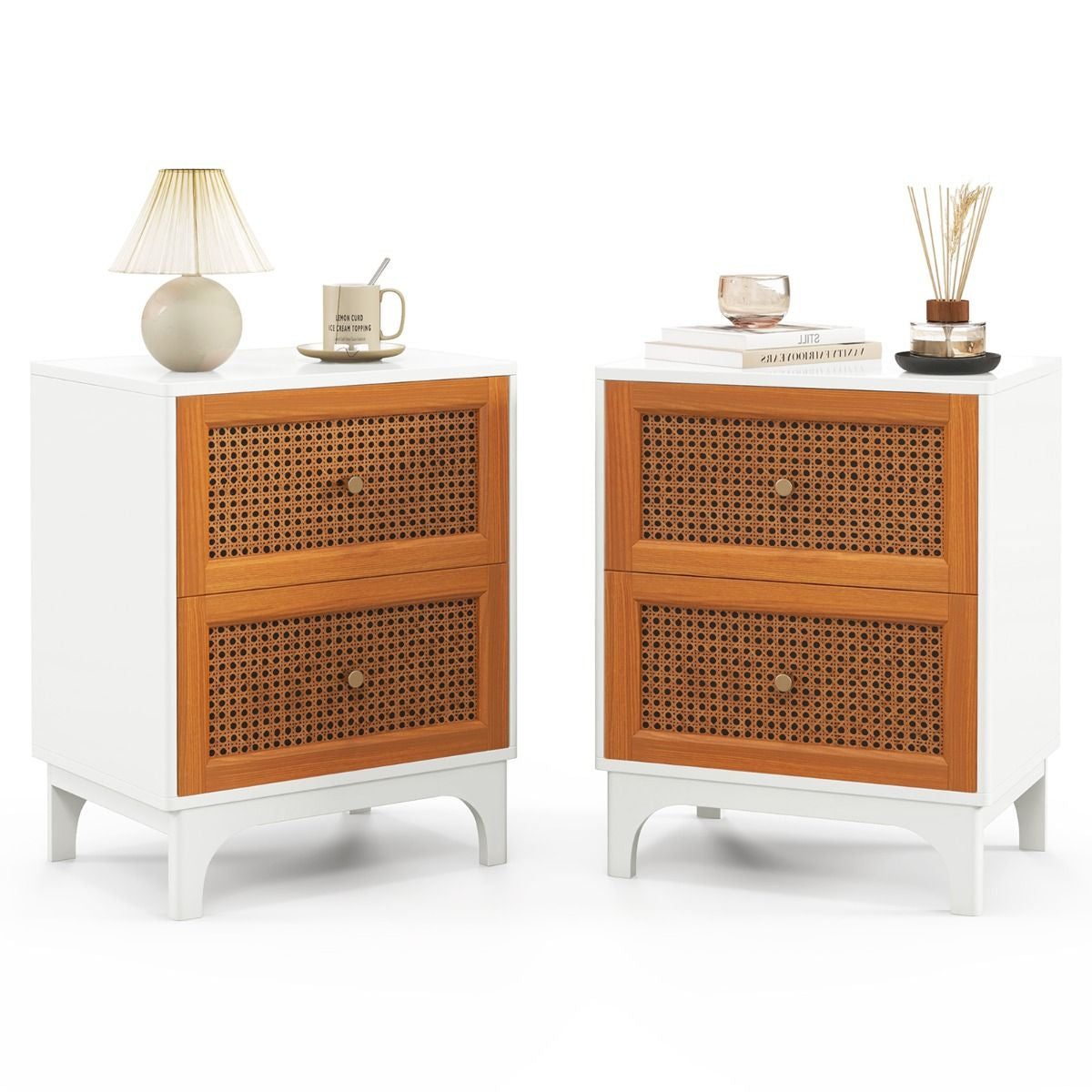 Boho Accent Table with 2 Handwoven Rattan Decorated Drawers