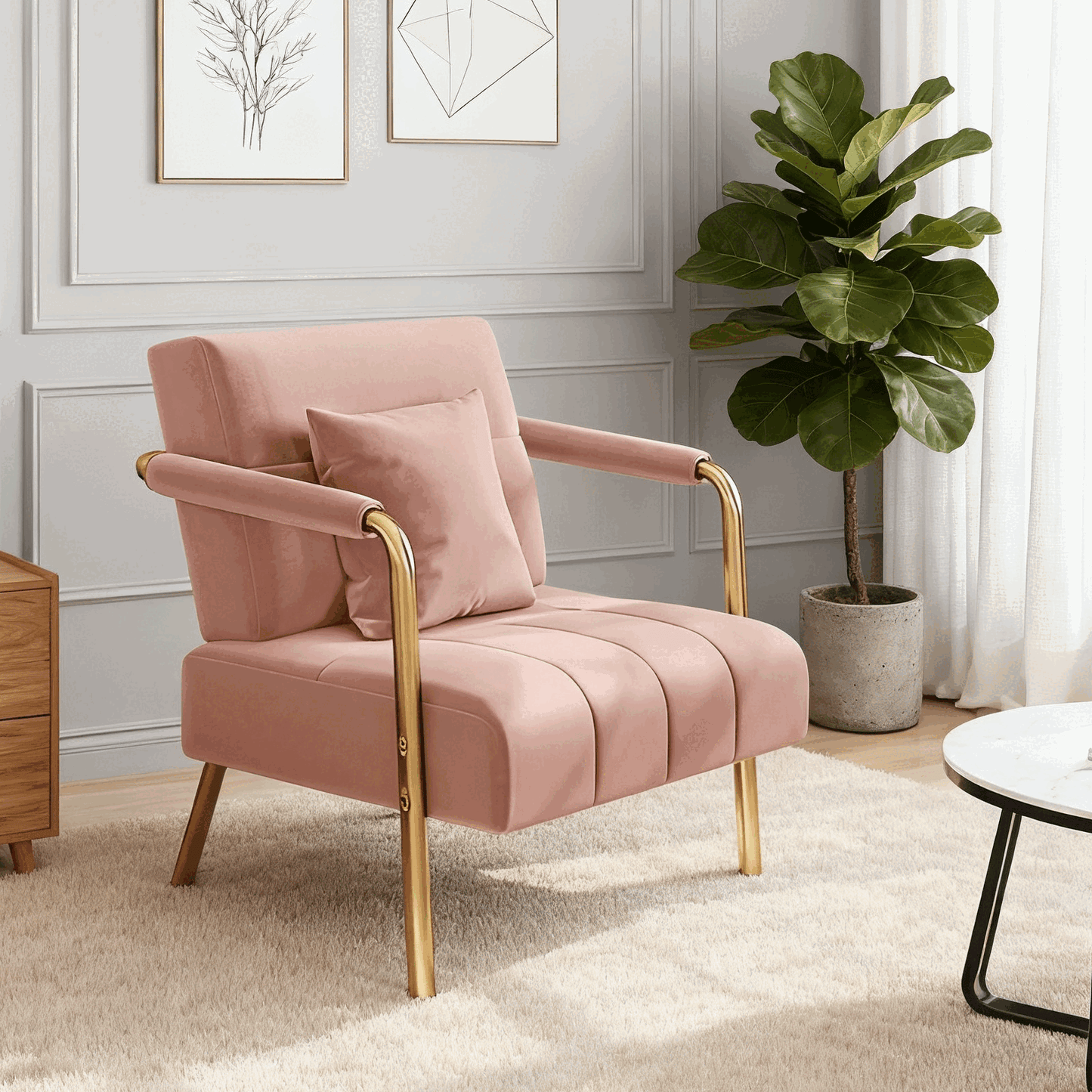 Accent Chair, 75.5 cm Wide Velvet Upholstered Accent Bedroom Chair with Gold Metal Frame & Cosy Pillow, Modern Design