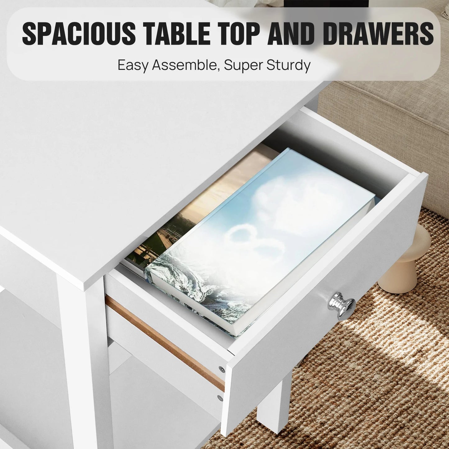 White Bedroom Bedside Cabinet with 1 Drawer and Open Shelf, Wooden Storage Unit Nightstand Table for Living Room Bathroom