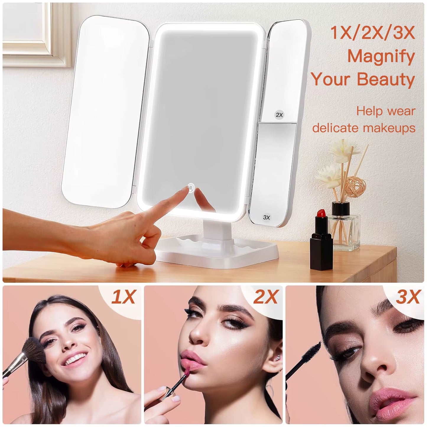 LED Trifold Makeup Mirror with Smart Lighting - Perfect for Dorms and Beauty Touch-Ups