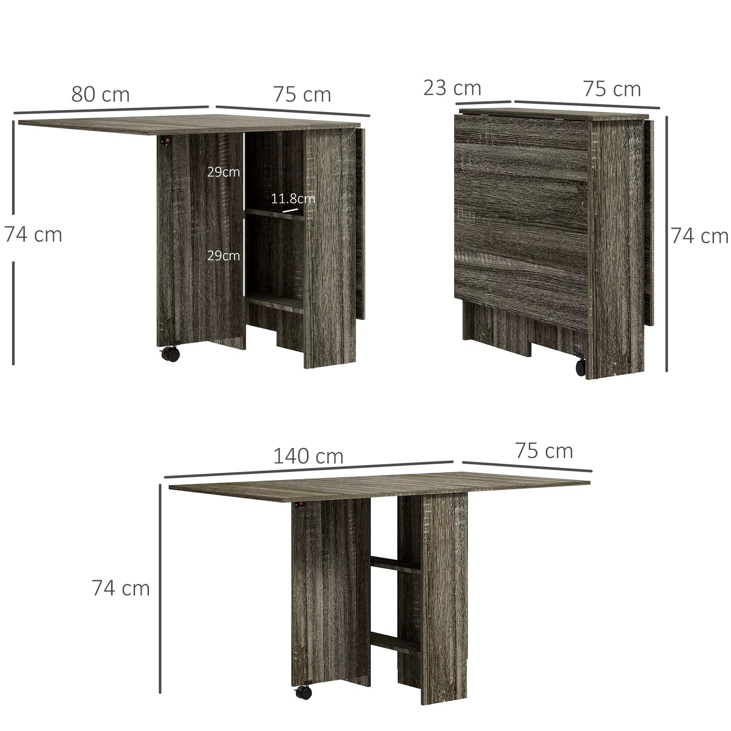 Mobile Drop Leaf Dining Table Folding Desk W/ 2 Wheels Dark Grey