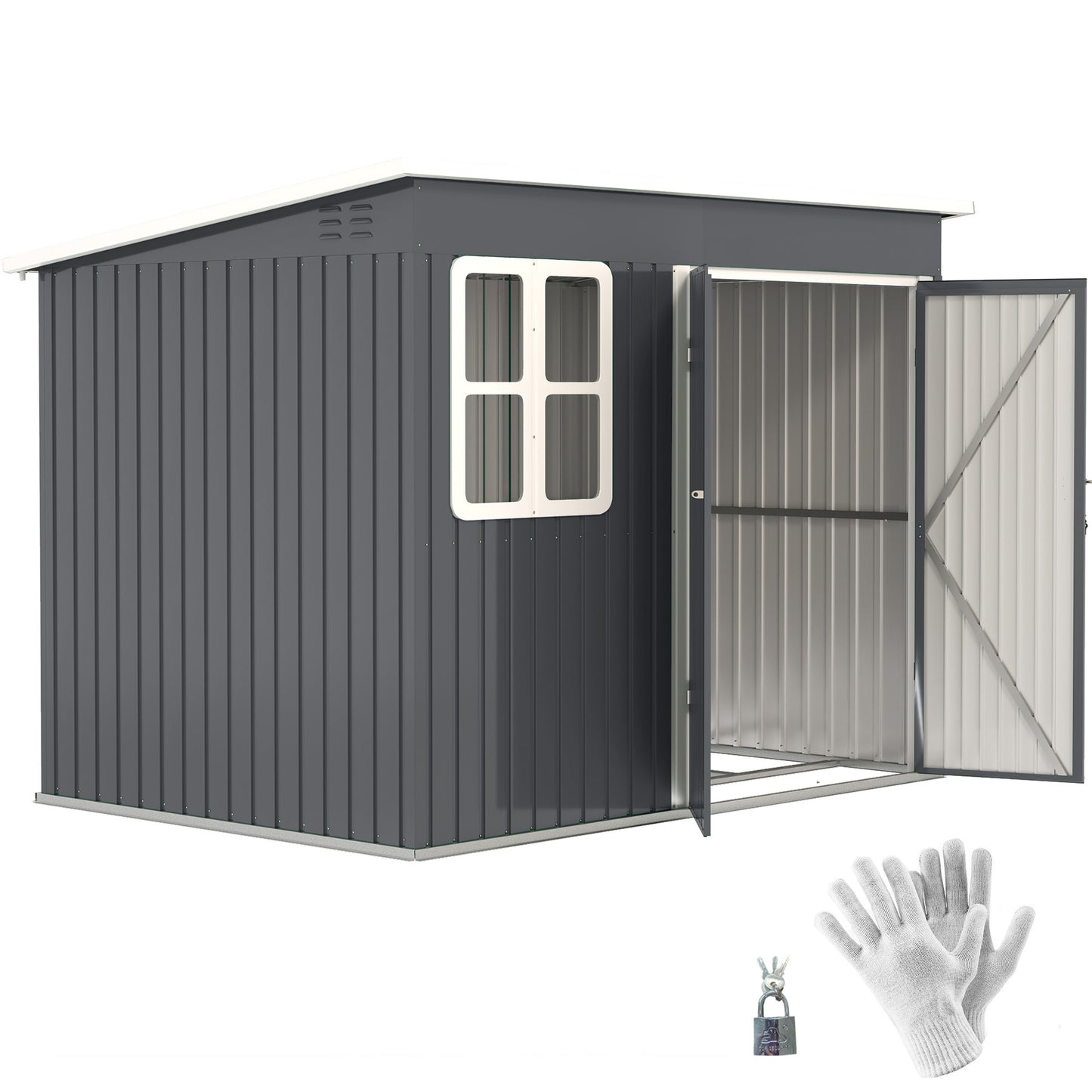 8.5x6 ft Galvanised Steel Garden Shed with Foundation Kit – Grey