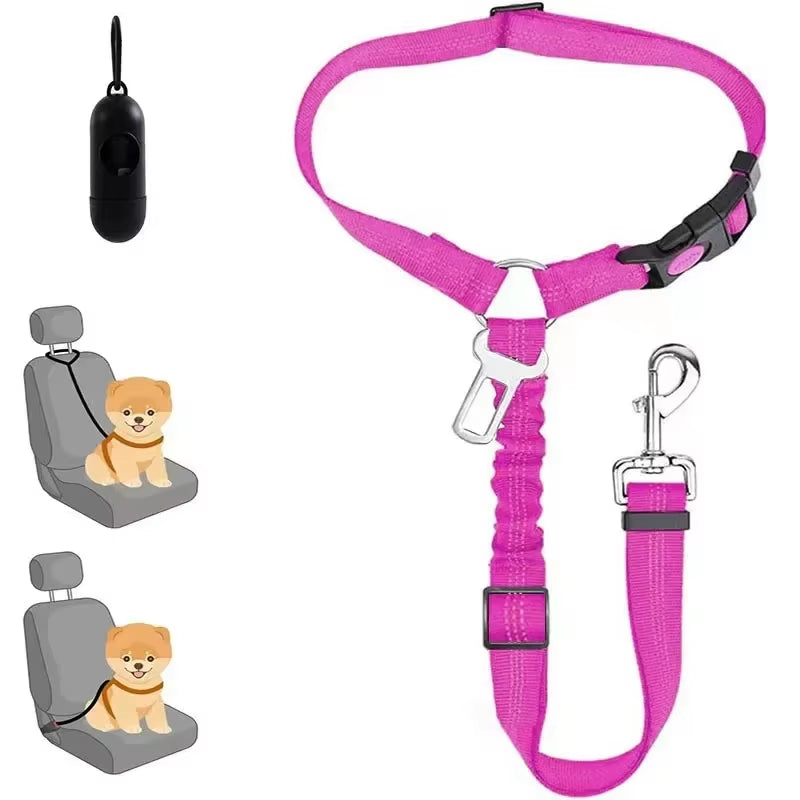 Adjustable Pet Car Seat Belt Restraint with Elastic Bungee for Dog Harness and Reflective Leash for Safe Vehicle Travel