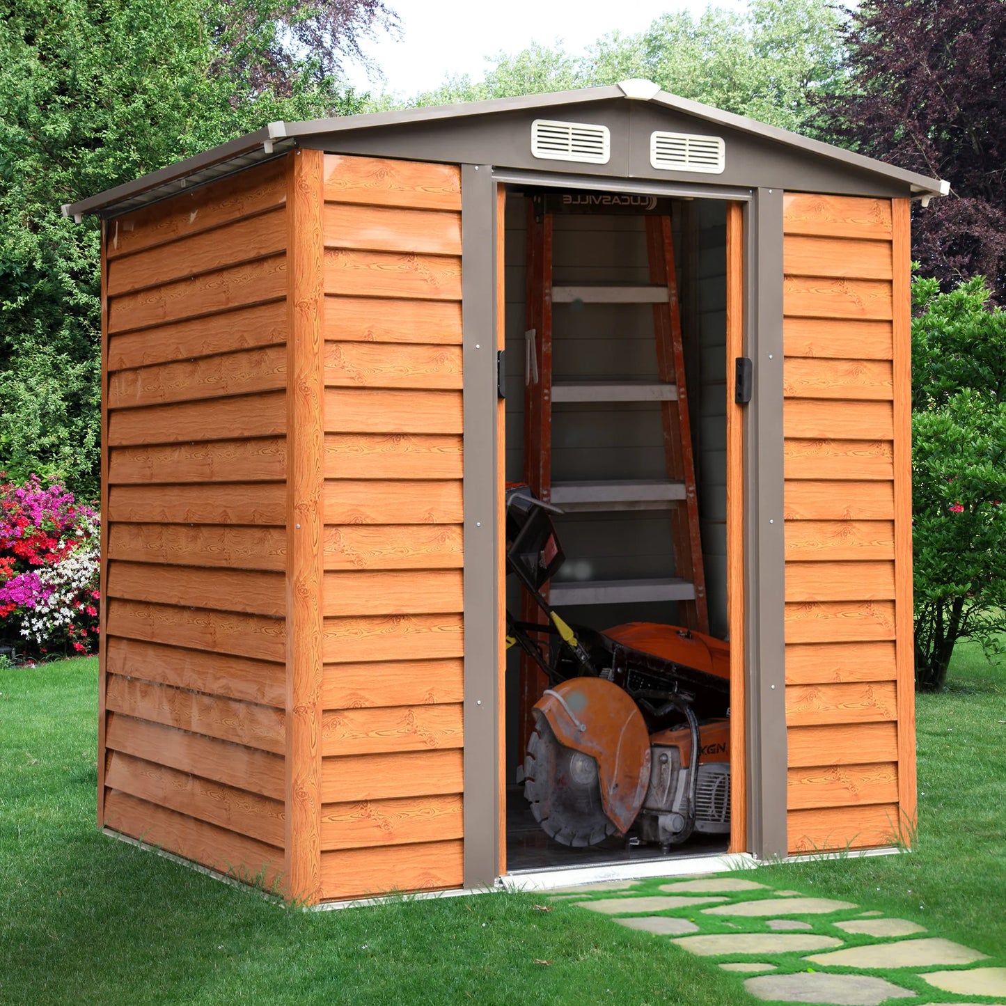 Garden Shed Tool Storage with Sliding Door Brown Wood Grain