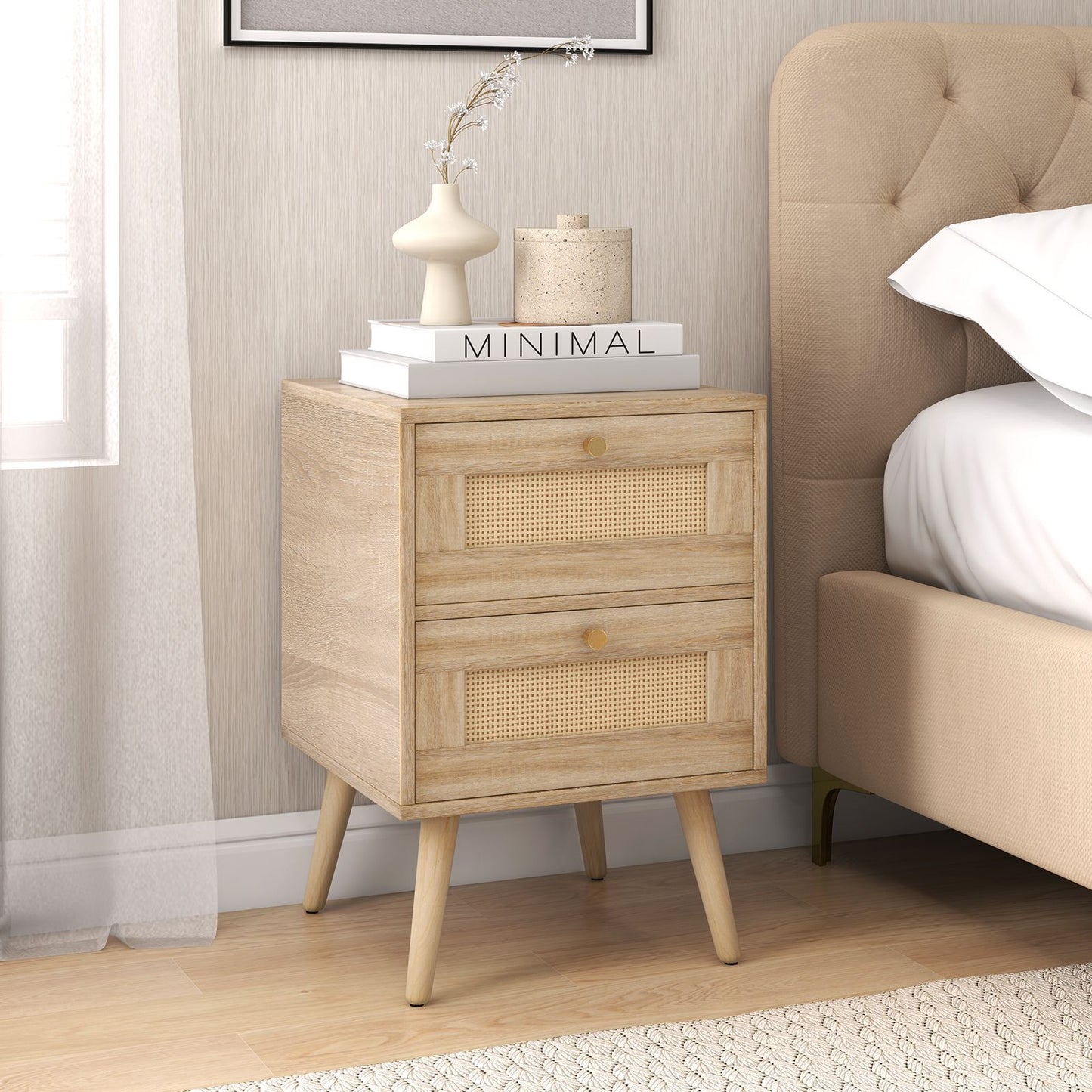 Boho Accent Rattan Nightstand Bedside Table with 2 Storage Drawers