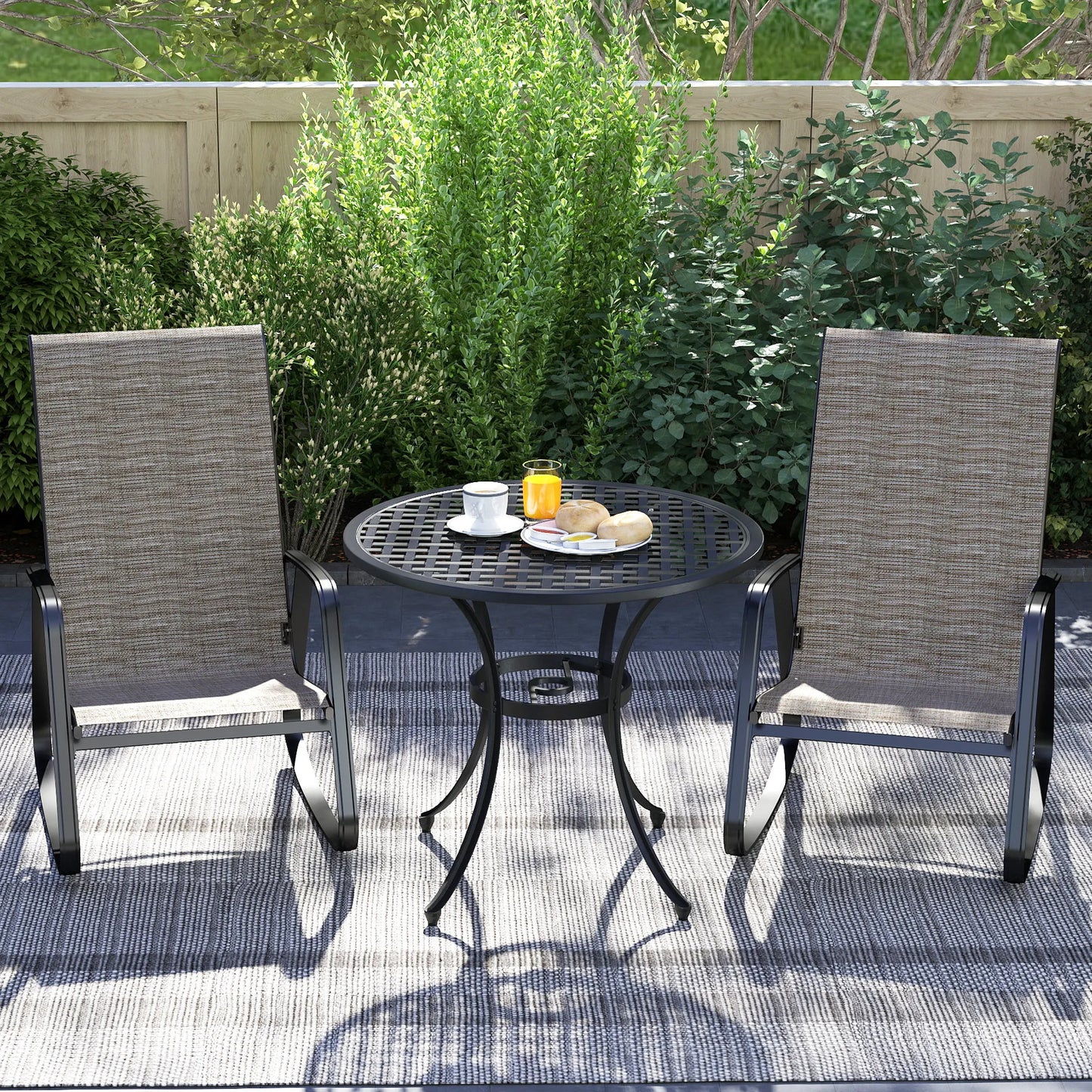 Set of 2 Ergonomic Outdoor Rocking Chairs with Armrests and High Backrest in Light Brown