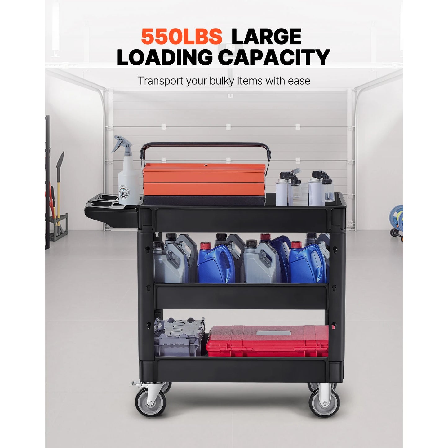 2/3 Shelf Utility Service Cart Heavy Duty with 360° Swivel Wheels Ergonomic Storage Handle for Warehouse/Garage/Cleaning