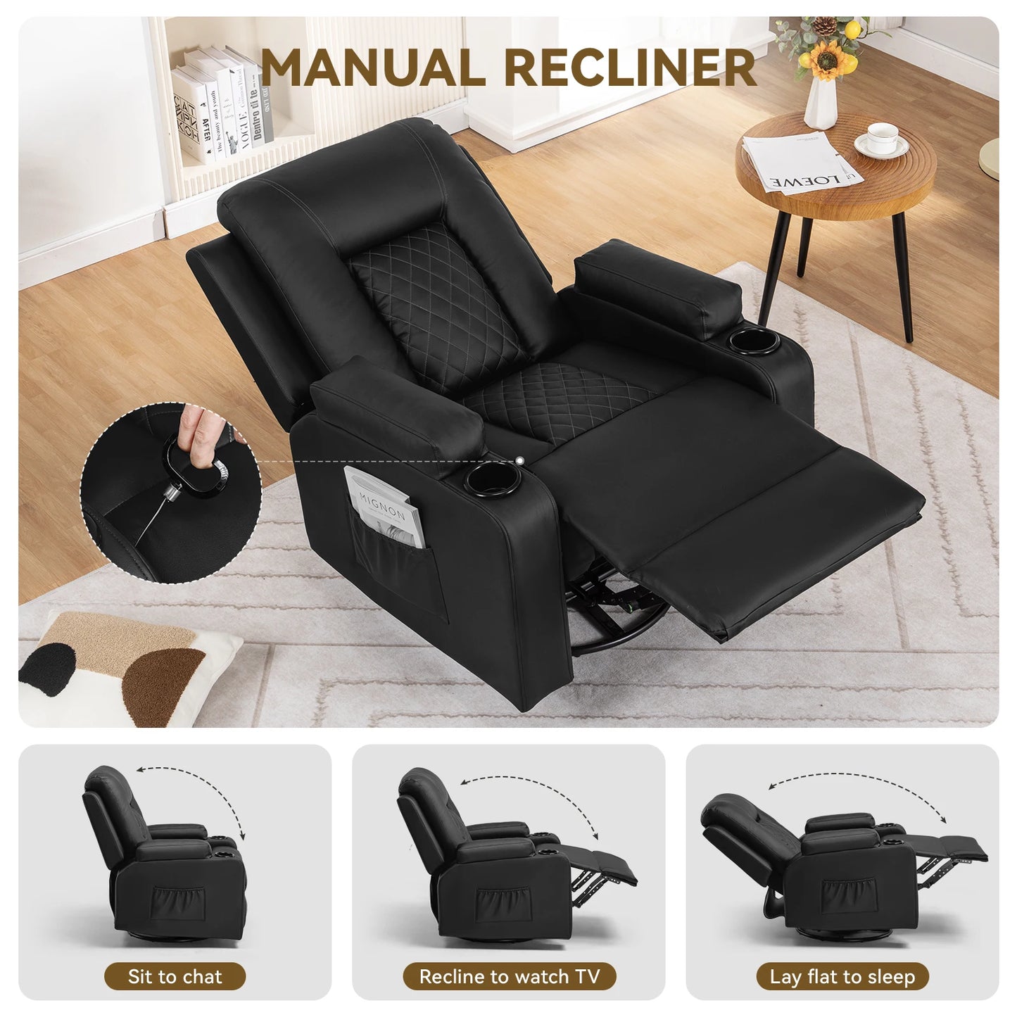 Recliner Armchair Rocker Reclining Chair with Massage & Heat Padded Seat Extended Footrest Oversized Swivel Lounge Sofa
