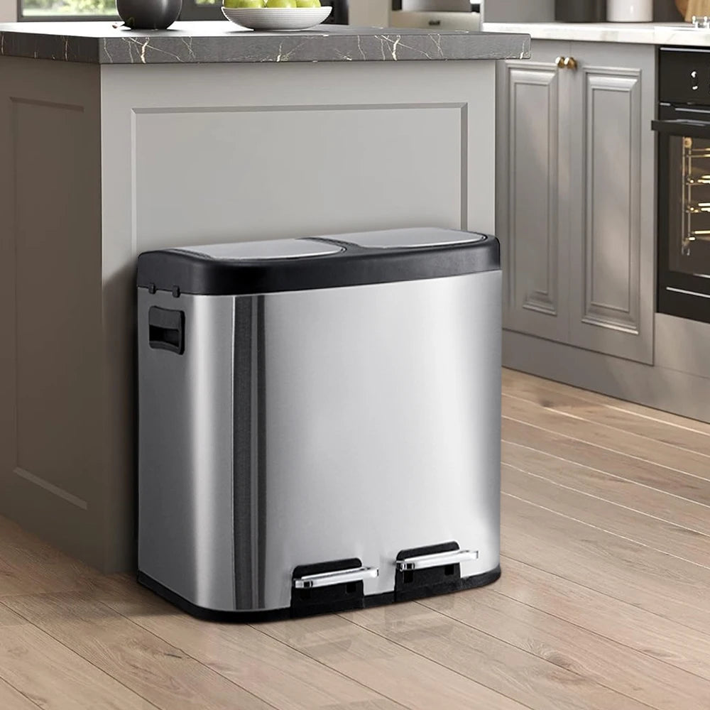 30L Stainless Steel Step Open Trash Can with Dual Pedals Large Capacity