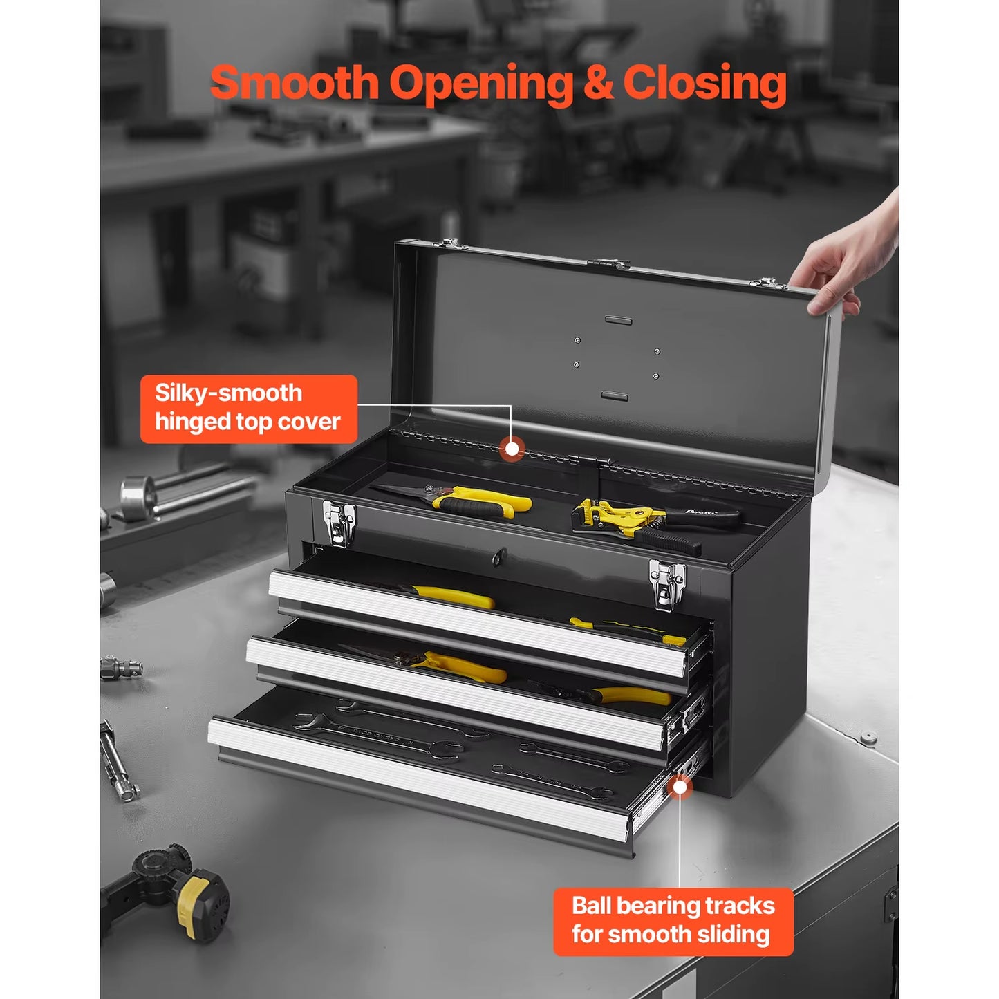 20In 3-Drawer Metal Tool Box Black/Red Tool Chest with EVA Liners Multifunction Tool Organizer for Garage & Workshop