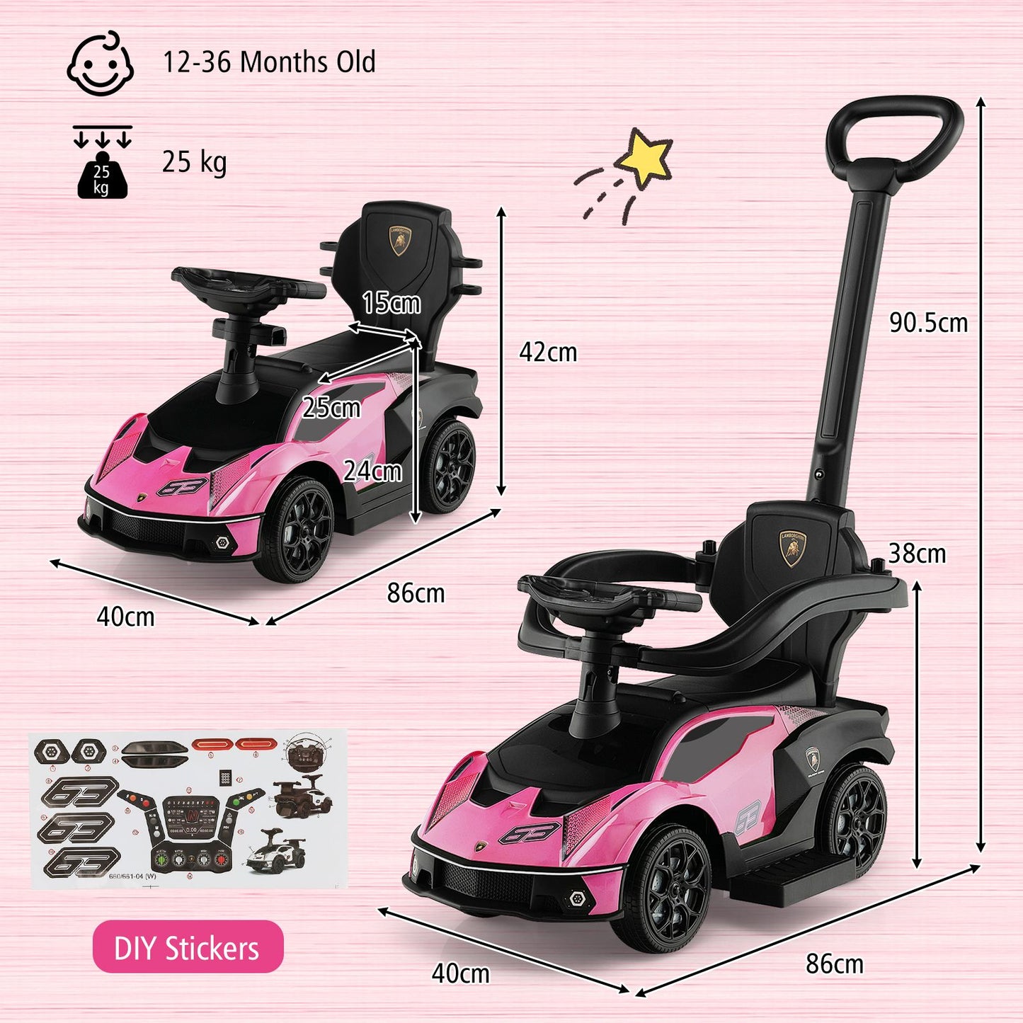 Luxury Lamborghini Ride-On Car for Kids with Convenient Push Handle