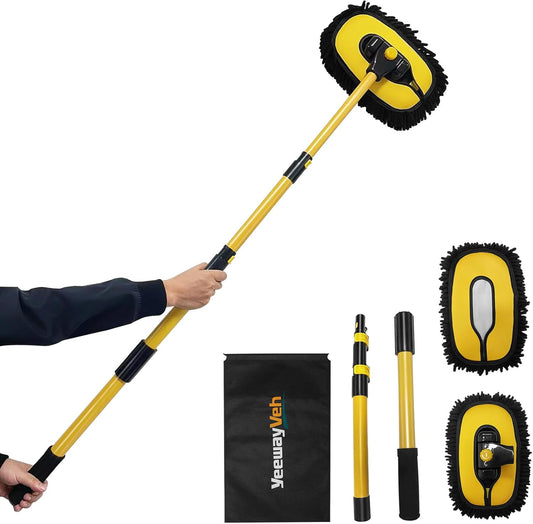 55" Extendable Car Wash Brush with Curved Handle & Replaceable Microfiber Head - Perfect for RV, Truck, and Camper Cleaning - Portable Kit with Storage Bag