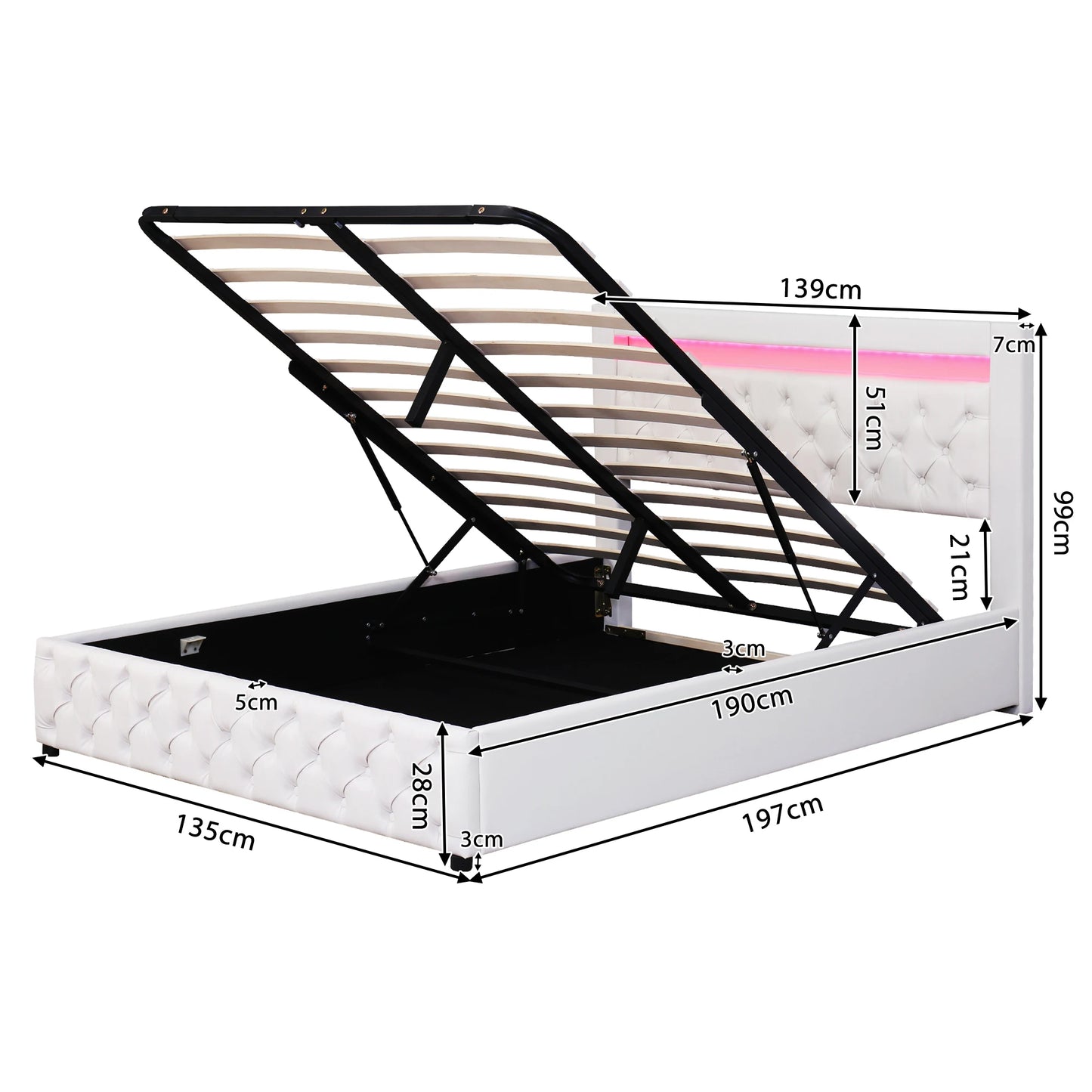Upholstered Bed, Functional Bed with Slatted Frame and Storage Space LED Lighting in Different Colors PU