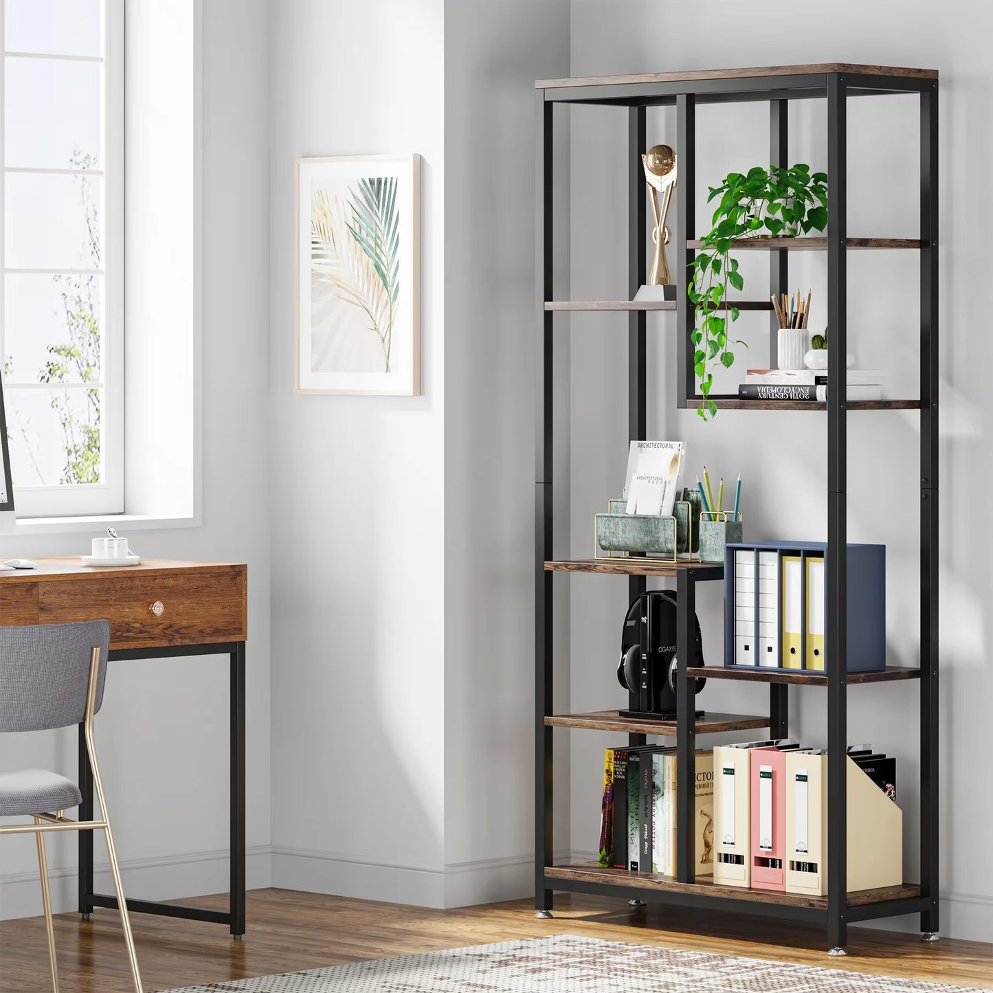 6-Tier Tall Bookshelf Bookcase, Industrial 8-Shelf Open Bookcase Storage Display Book Shelves