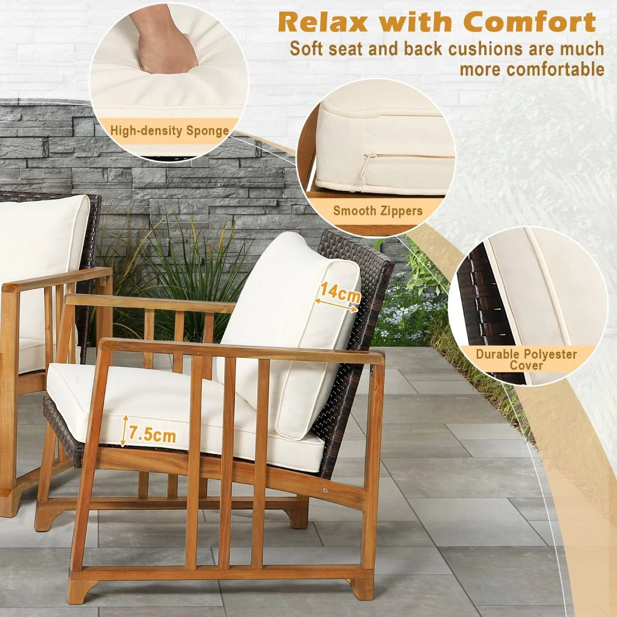 Outdoor Mix Brown Rattan Set with Acacia Wood Frame and Back Cushions