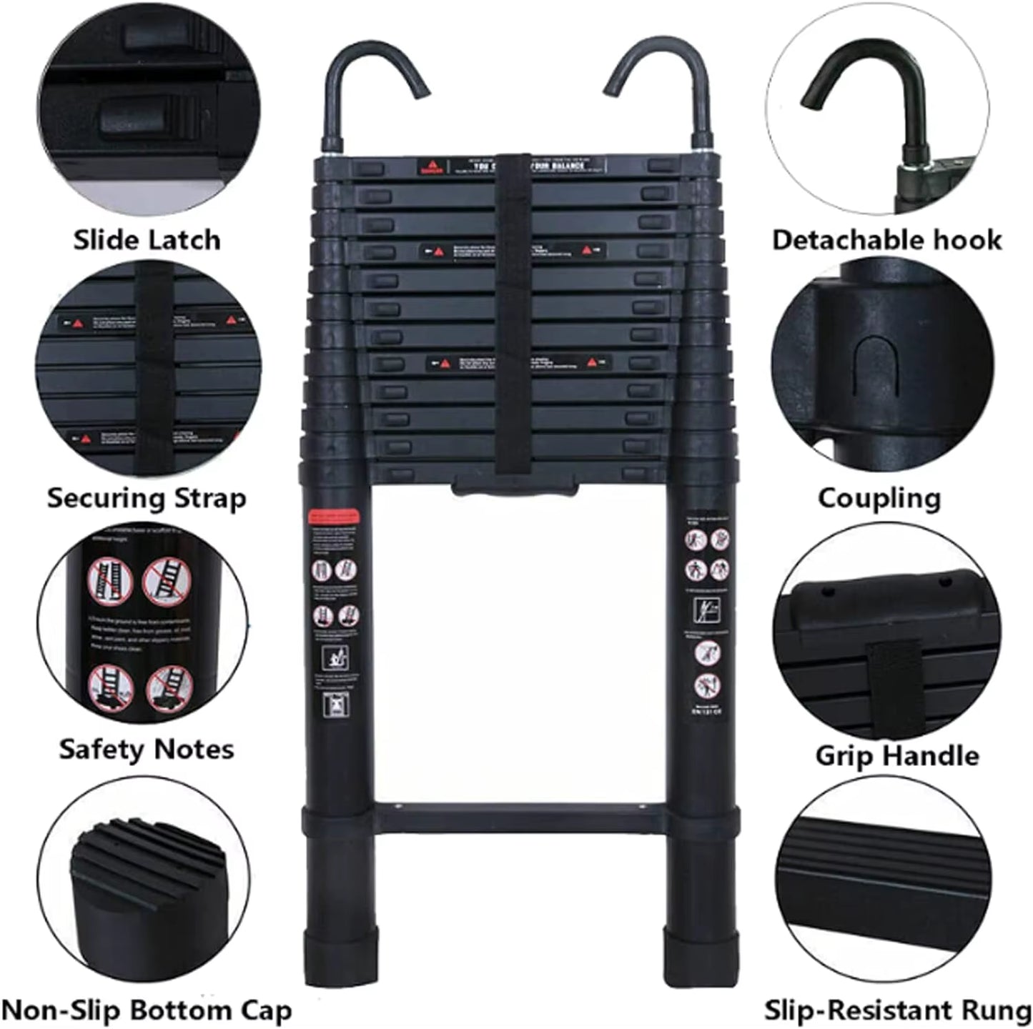 6.2M Heavy Duty Telescopic Ladders with Hooks 14 Steps Aluminum Extending Roof Ladder for Multi-Purpose Indoor Outdoor Ladder