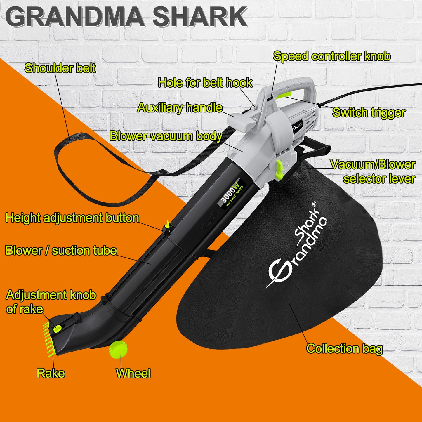 3000W 3 In 1 Leaf Blower, Garden Leaves Vacuum Cleaner
