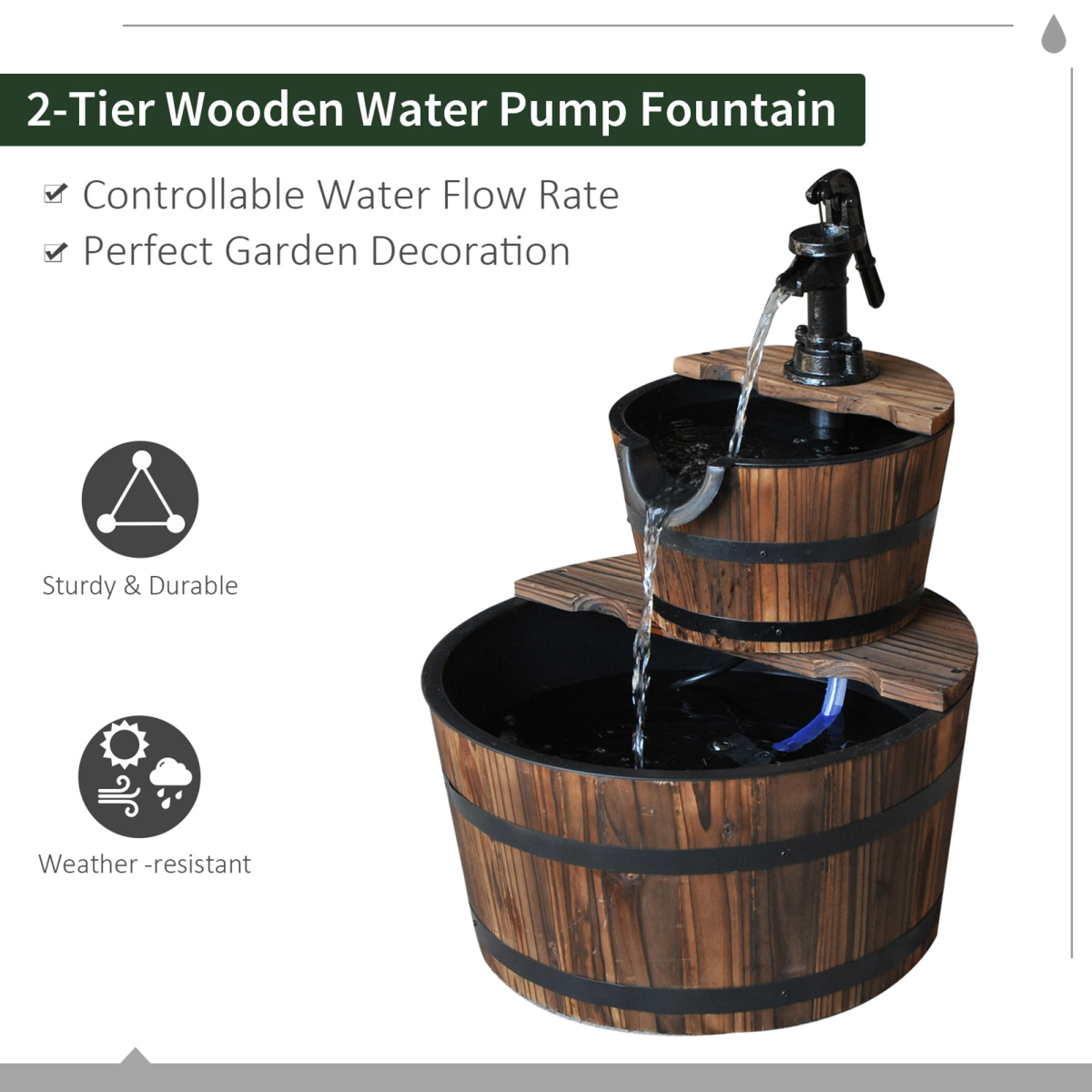 Two-Tier Fir Wood Water Pump Fountain - Steel Accents