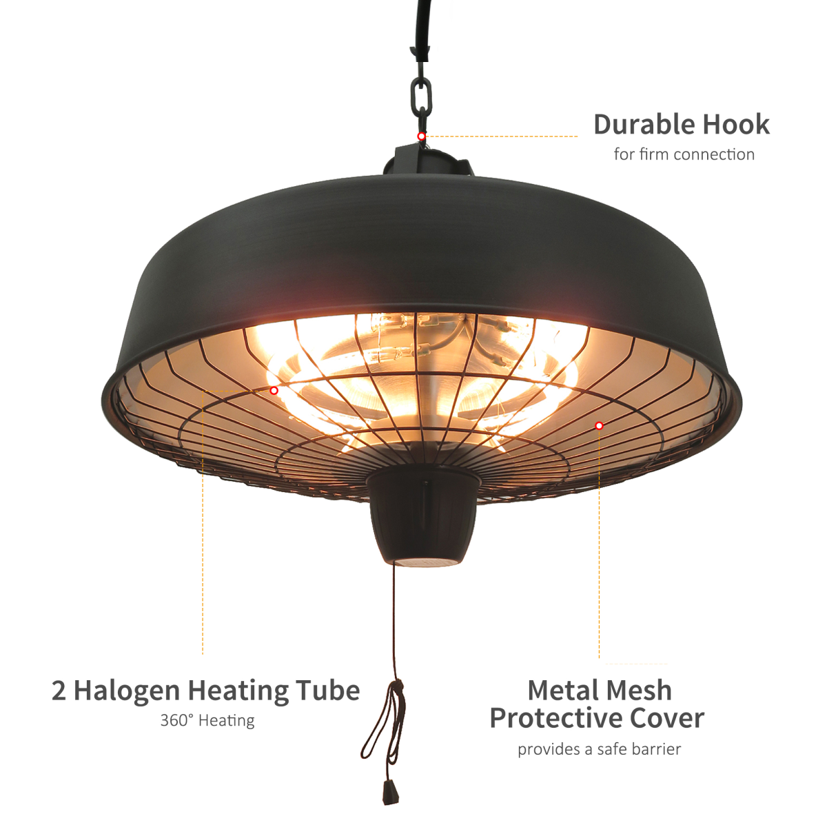 Versatile Hanging Infrared Heater: 1000/2500W Halogen Light for Year-Round Comfort