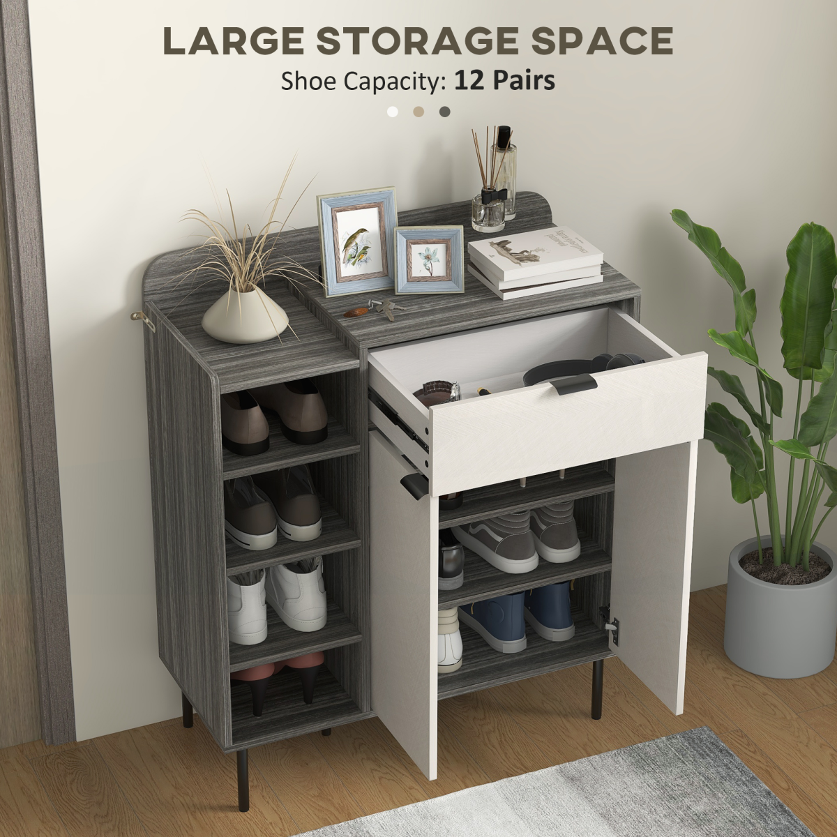 Sleek Hallway Shoe Cabinet - Stylish Grey Wood, Adjustable Shelves