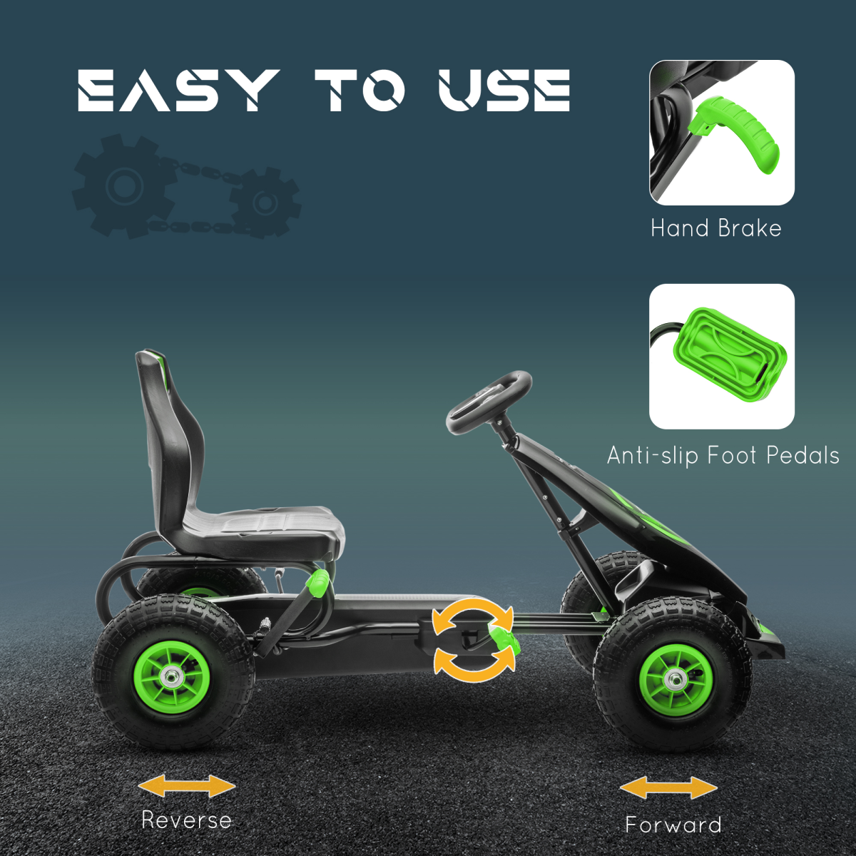 Kids Pedal Go Kart - Adjustable Seat, Rubber Wheels, Brake, Green