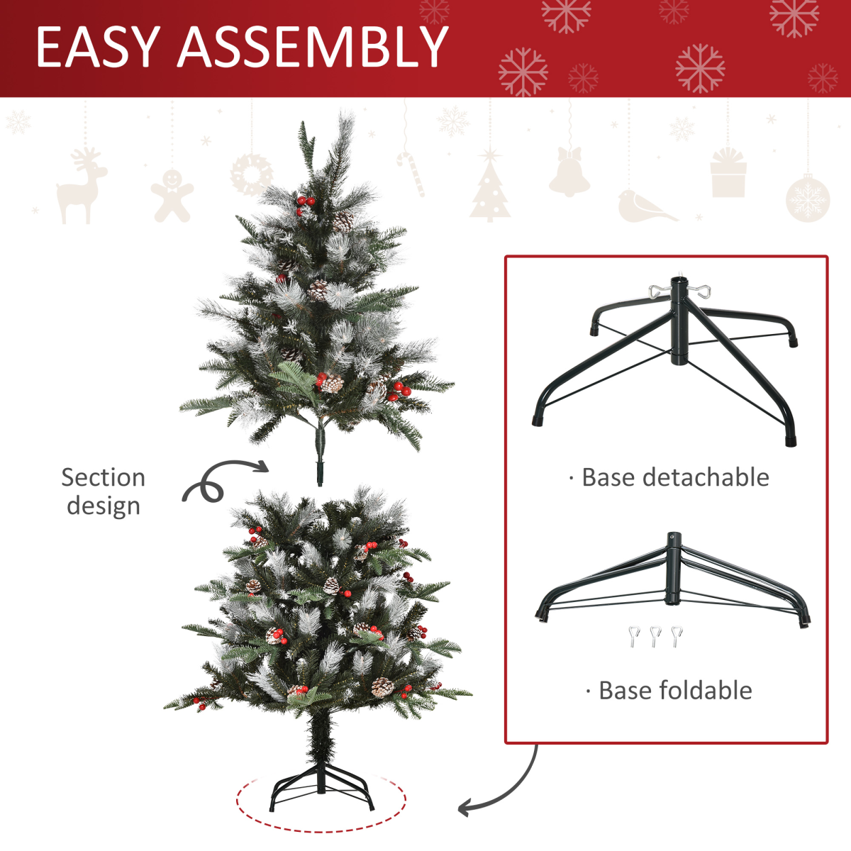 5ft Snow-Dipped Xmas Tree with Foldable Design, Berries & Pinecones