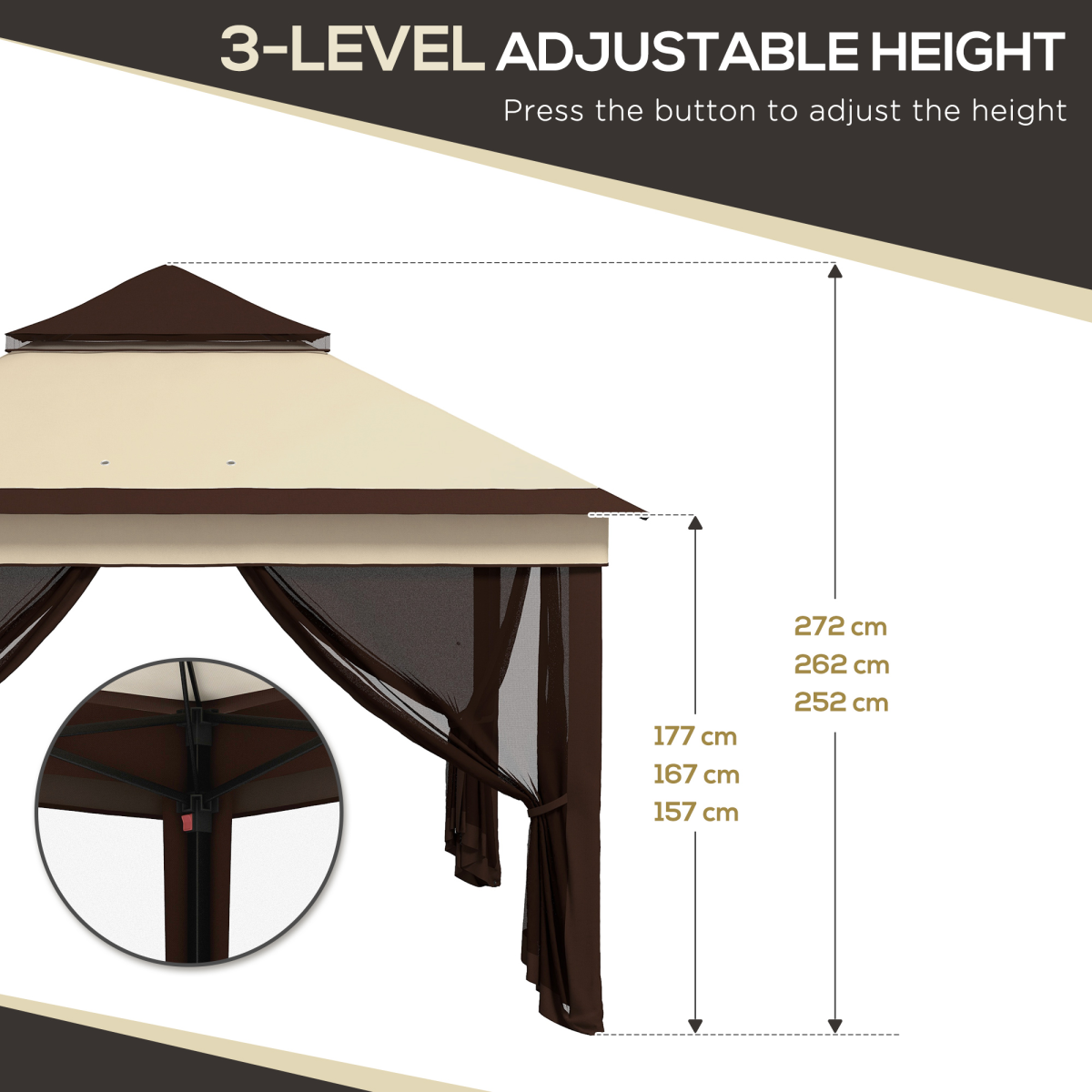 3x3m Pop Up Gazebo with Netting, Height Adjustable, Beige