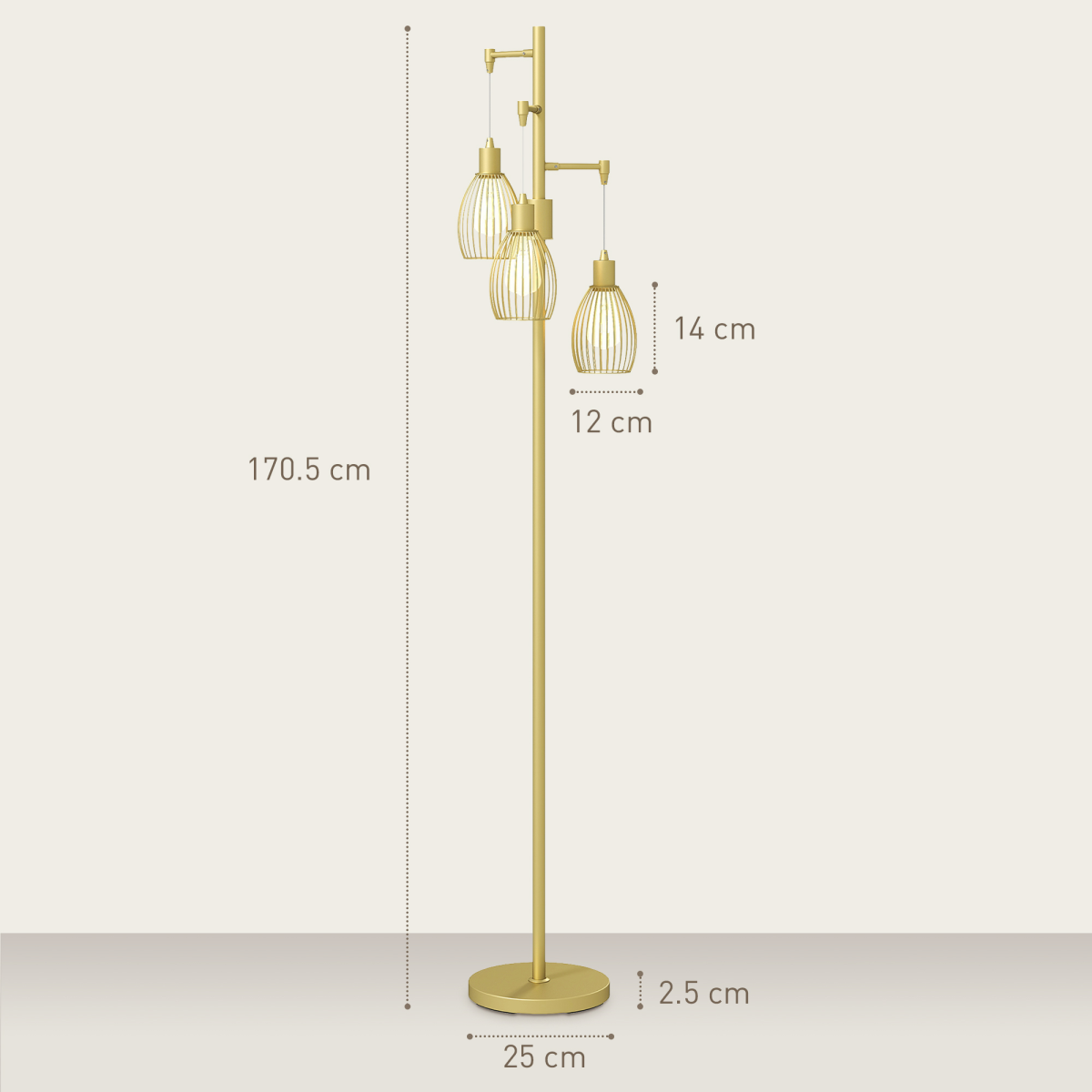 Industrial Chic: 3-Light Dimmable Floor Lamp in Elegant Gold Finish