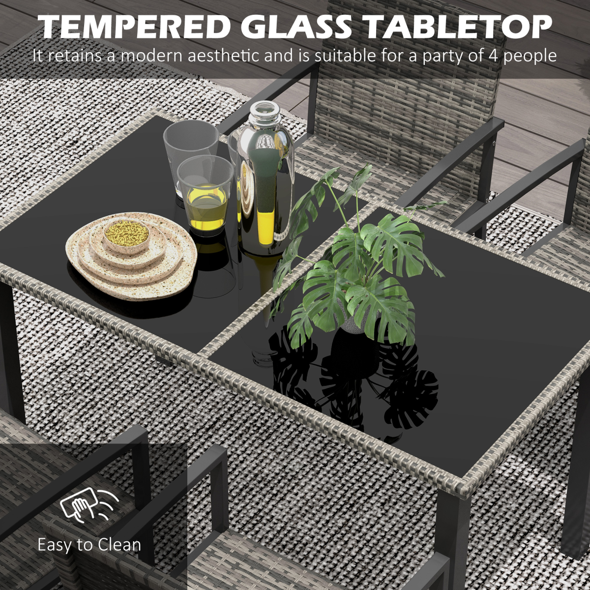 4-Seater Rattan Garden Set with Glass Tabletop, Mixed Grey